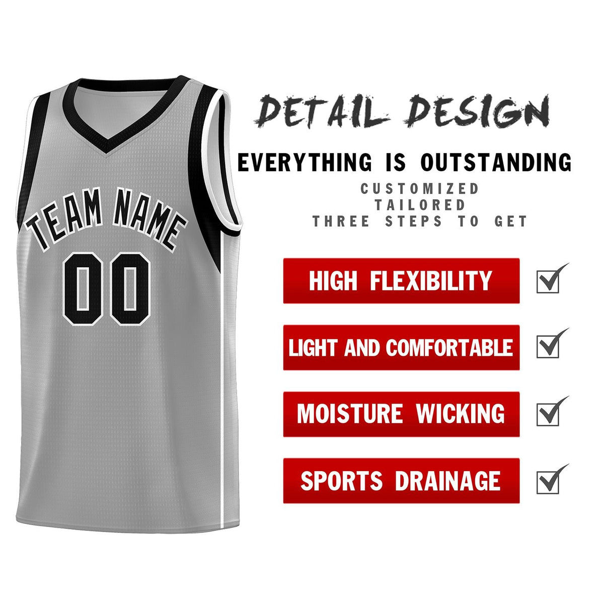 Custom Gray Black-White Sleeve Color Blocking Classic Sets Sports Uniform Basketball Jersey