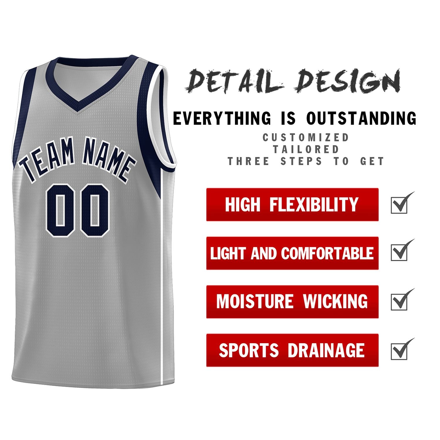 Custom Gray Navy-White Sleeve Color Blocking Classic Sets Sports Uniform Basketball Jersey