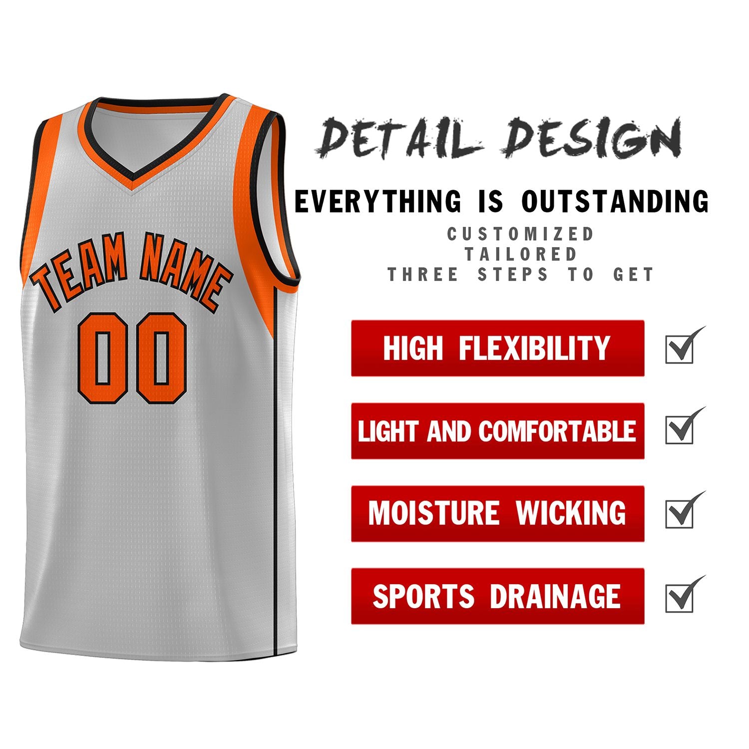Custom Gray Orange-Black Sleeve Color Blocking Classic Sets Sports Uniform Basketball Jersey