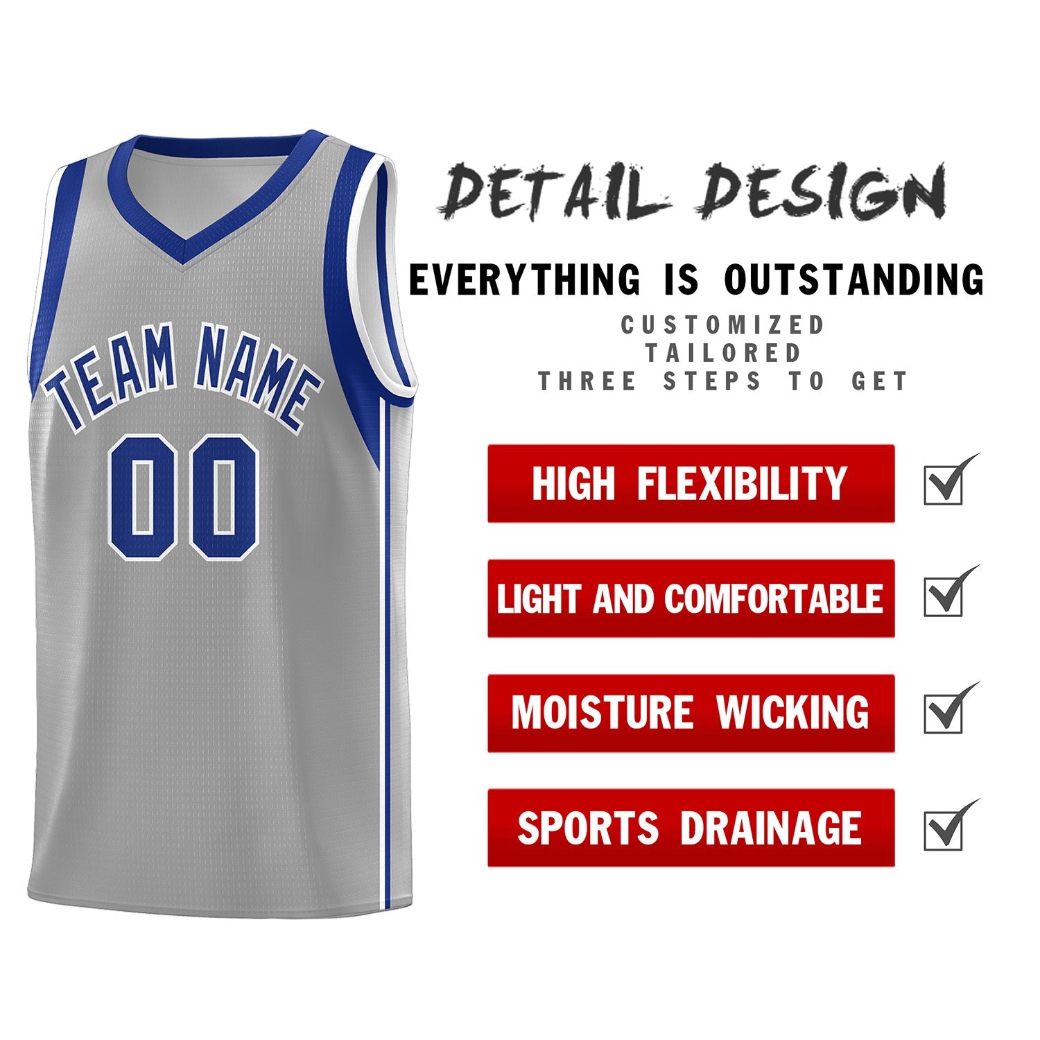 Custom Gray Royal-White Sleeve Color Blocking Classic Sets Sports Uniform Basketball Jersey