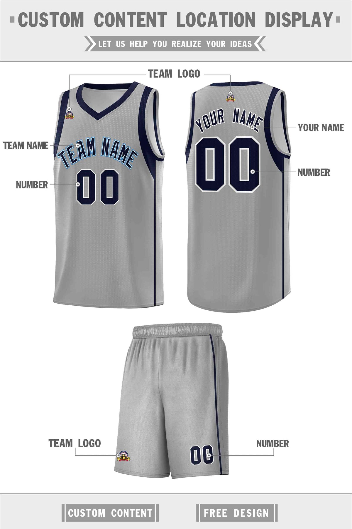 Custom Gray Navy-White Sleeve Color Blocking Classic Sets Sports Uniform Basketball Jersey