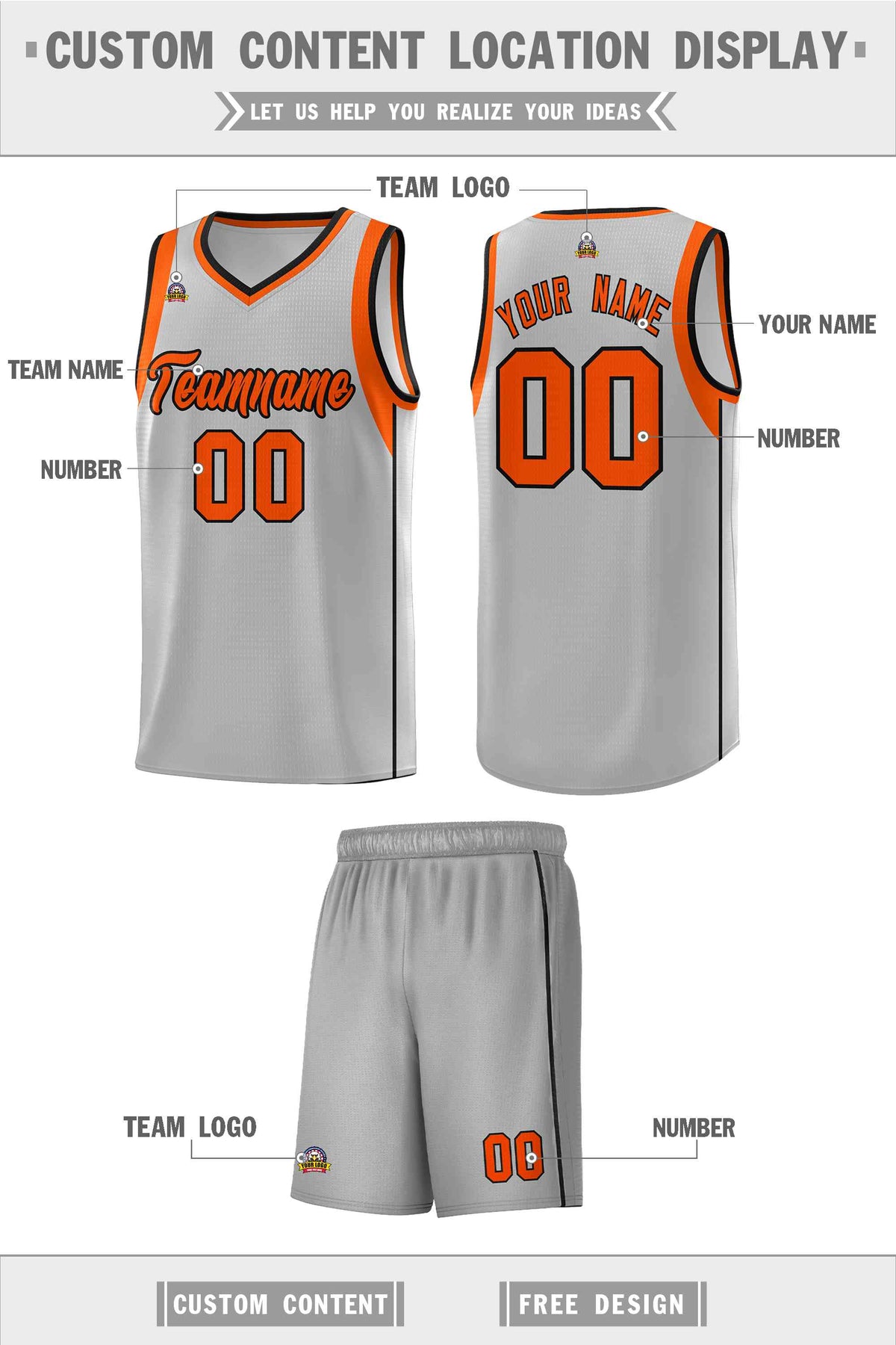 Custom Gray Orange-Black Sleeve Color Blocking Classic Sets Sports Uniform Basketball Jersey