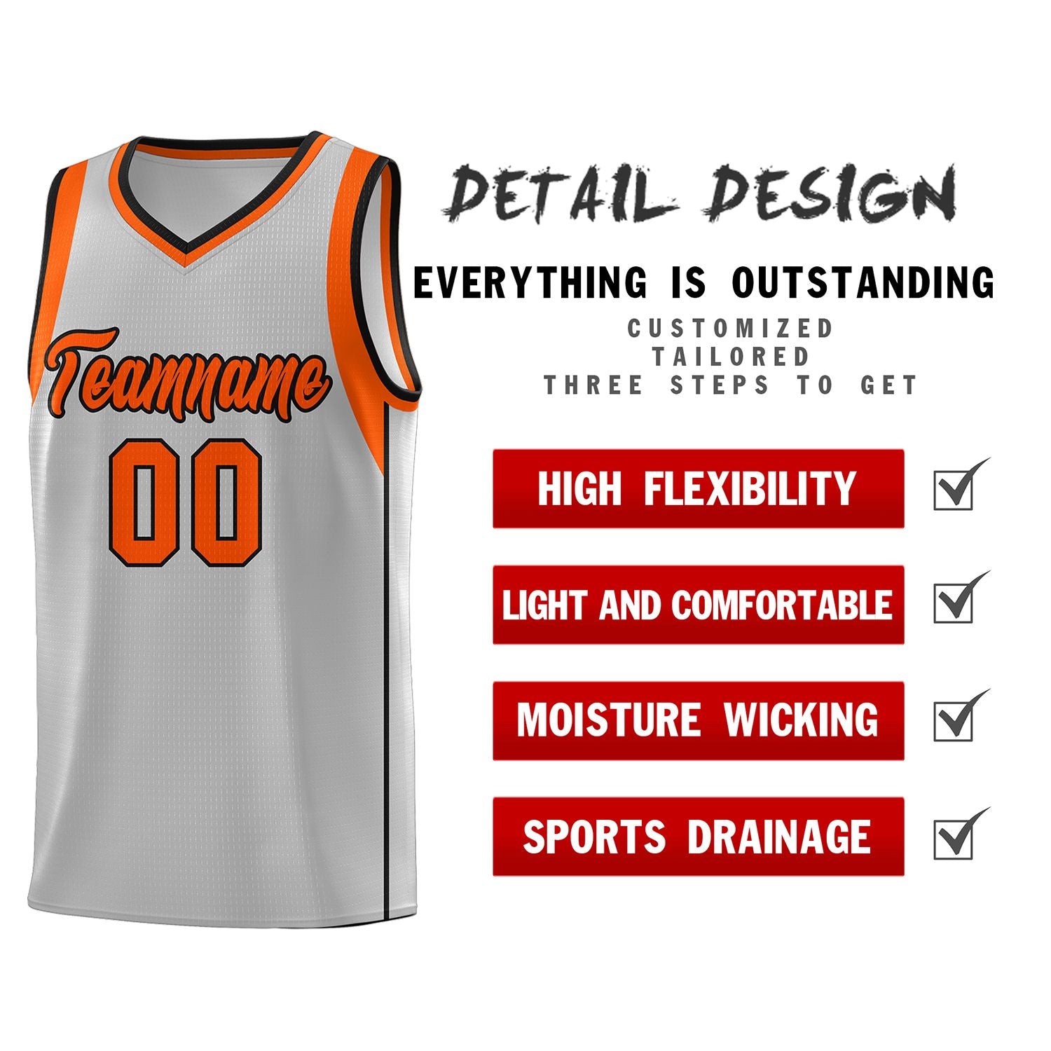 Custom Gray Orange-Black Sleeve Color Blocking Classic Sets Sports Uniform Basketball Jersey