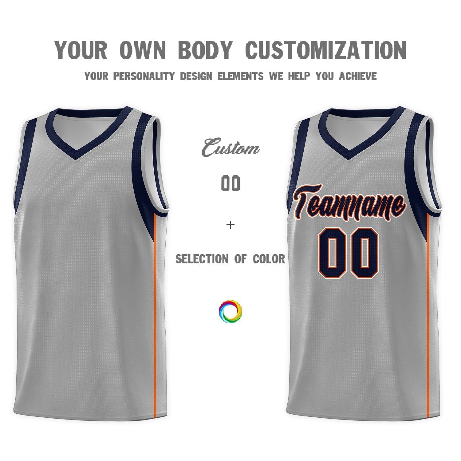 Custom Gray Navy-Orange Sleeve Color Blocking Classic Sets Sports Uniform Basketball Jersey
