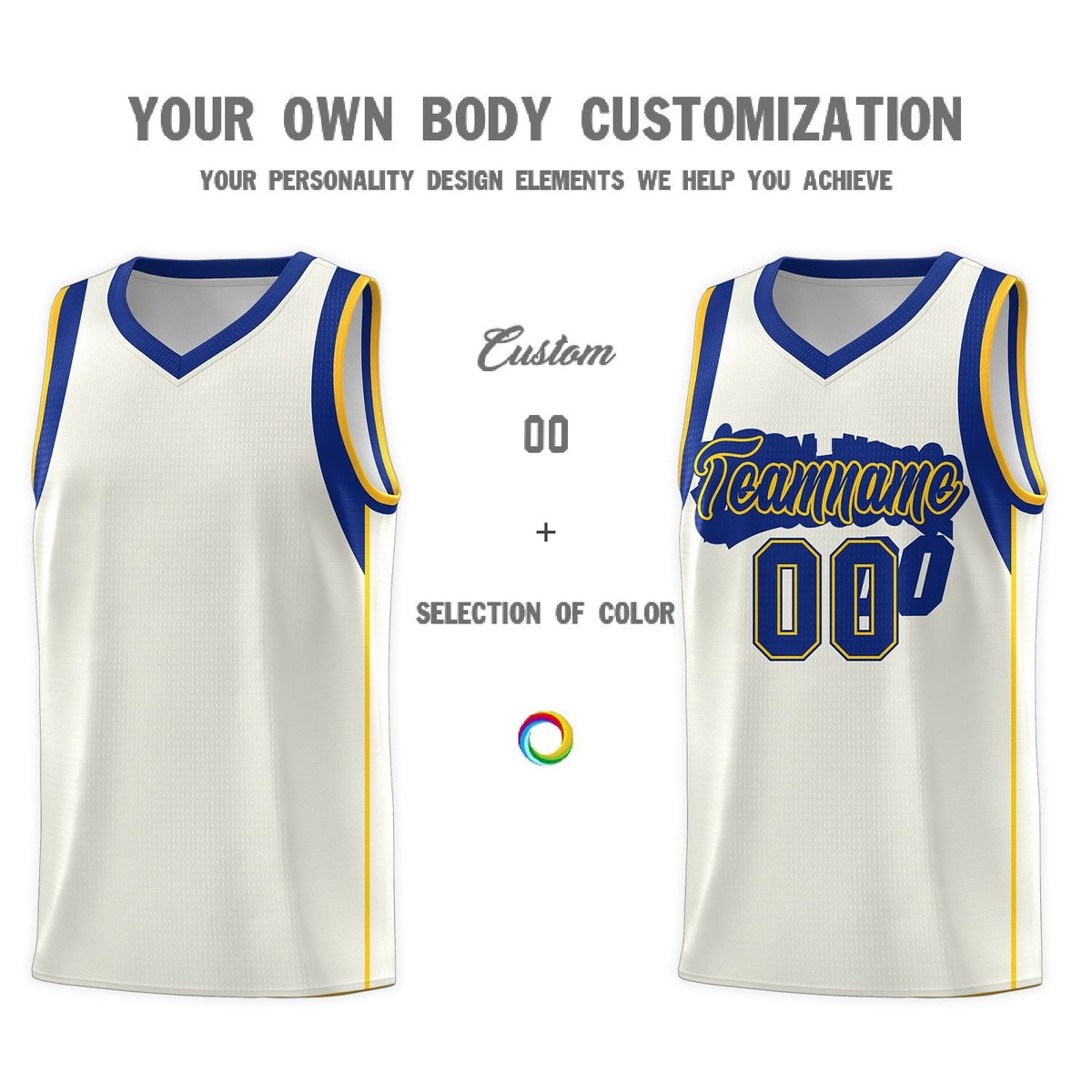 Custom Cream Royal-Gold Sleeve Color Blocking Classic Sets Sports Uniform Basketball Jersey
