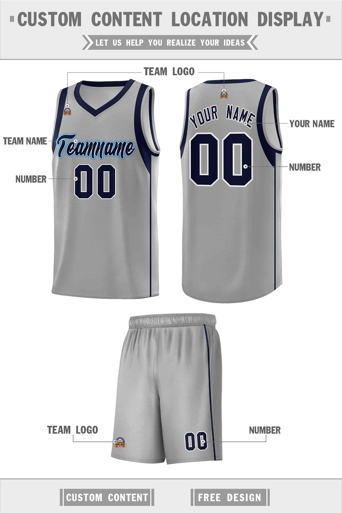 Custom Gray Navy-White Sleeve Color Blocking Classic Sets Sports Uniform Basketball Jersey