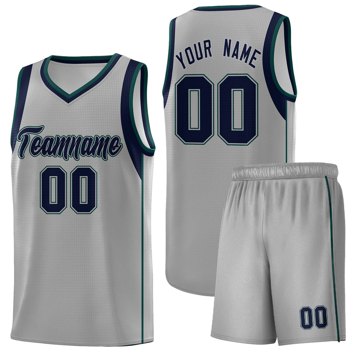 Custom Gray Navy-Green Sleeve Color Blocking Classic Sets Sports Uniform Basketball Jersey