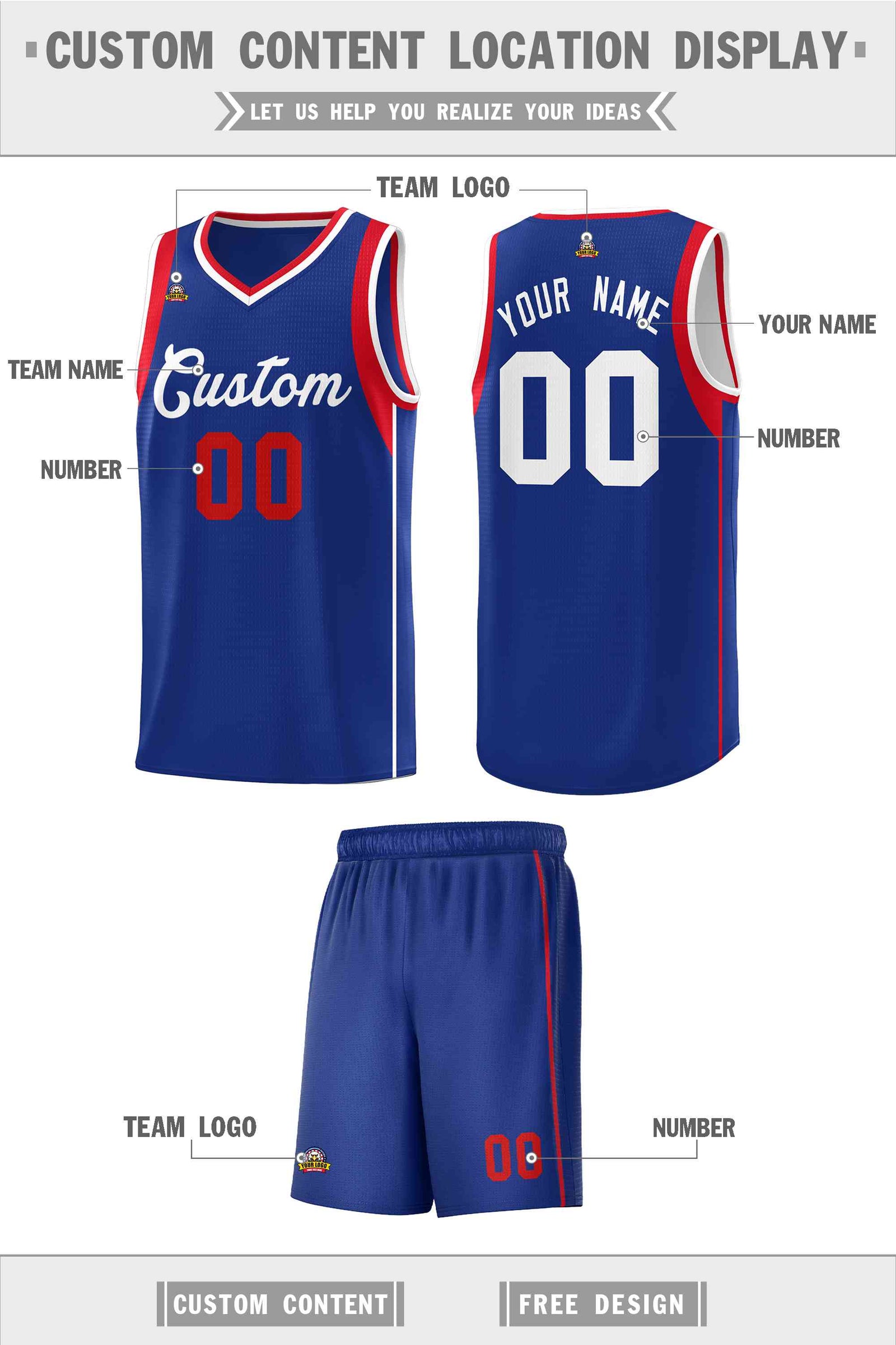 Custom Royal White-Red Sleeve Color Blocking Classic Sets Sports Uniform Basketball Jersey