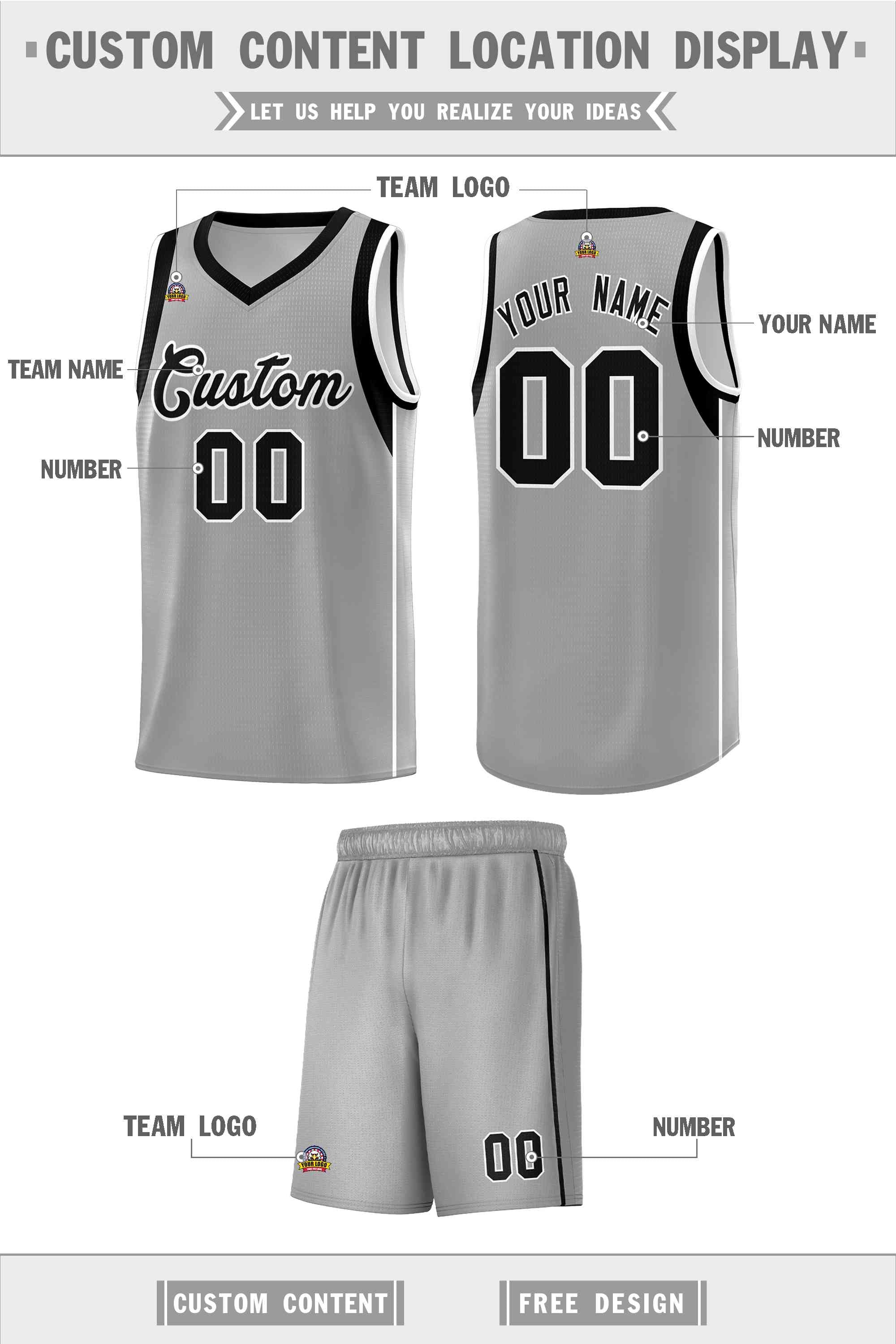 Custom Gray Black-White Sleeve Color Blocking Classic Sets Sports Uniform Basketball Jersey