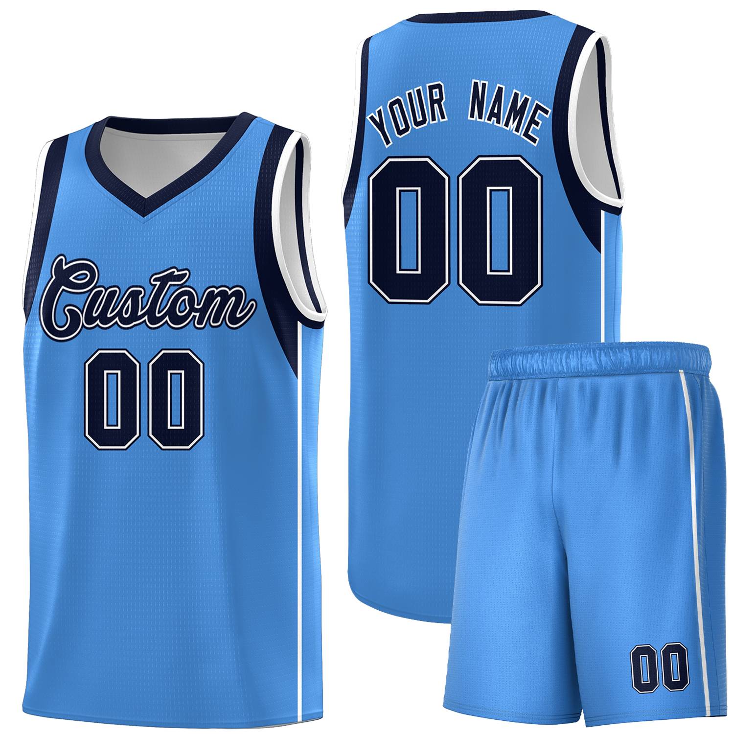 Custom Powder Blue Navy-White Sleeve Color Blocking Classic Sets Sports Uniform Basketball Jersey