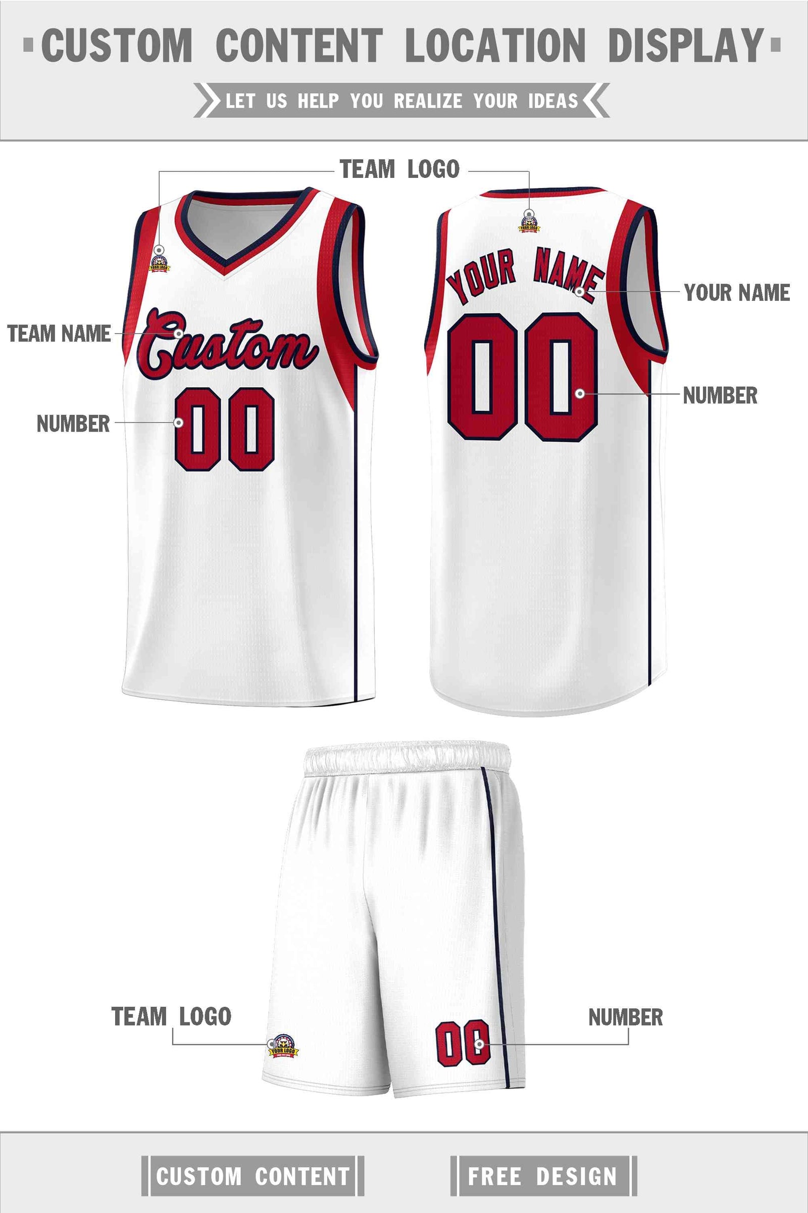 Custom White Red-Navy Sleeve Color Blocking Classic Sets Sports Uniform Basketball Jersey