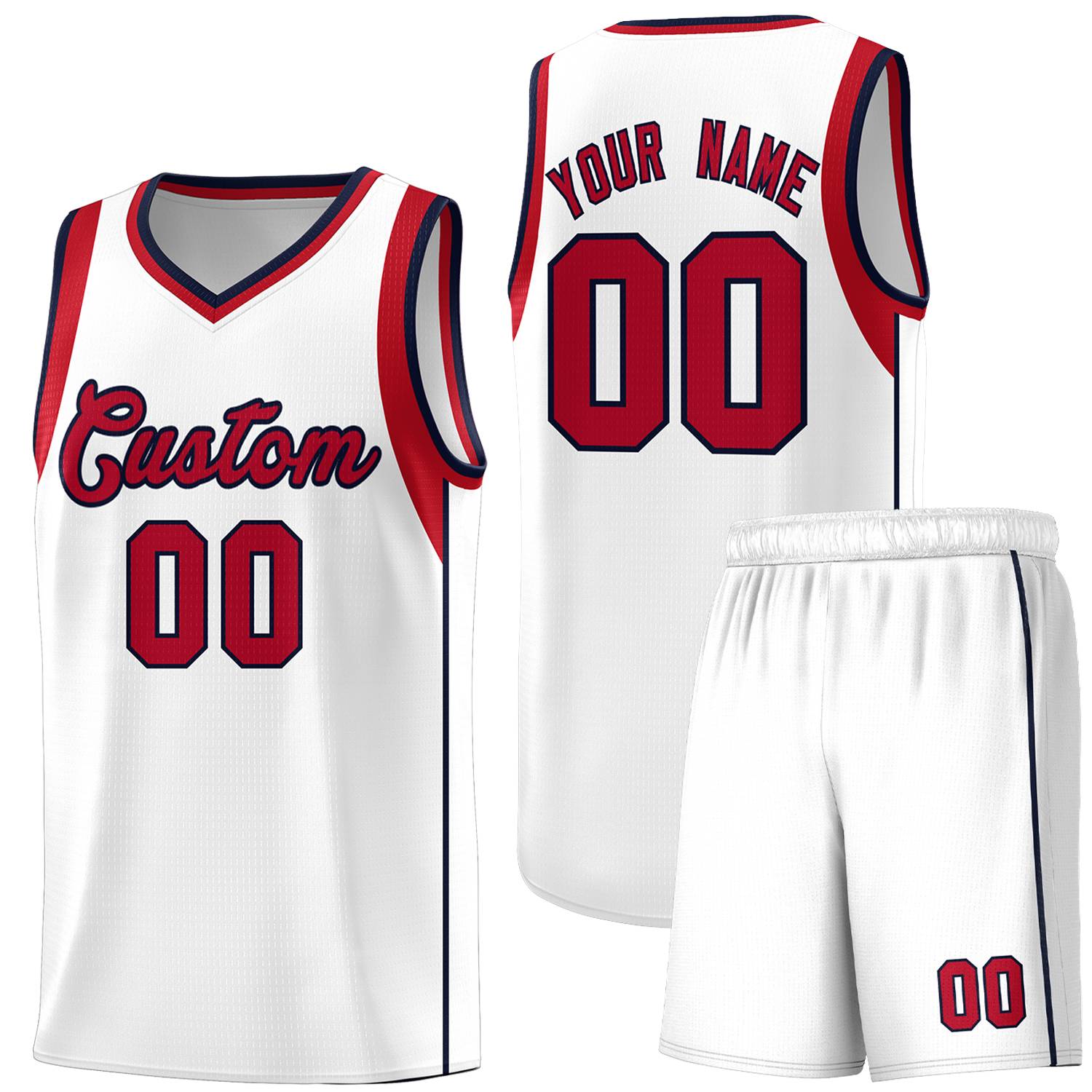 Custom White Red-Navy Sleeve Color Blocking Classic Sets Sports Uniform Basketball Jersey
