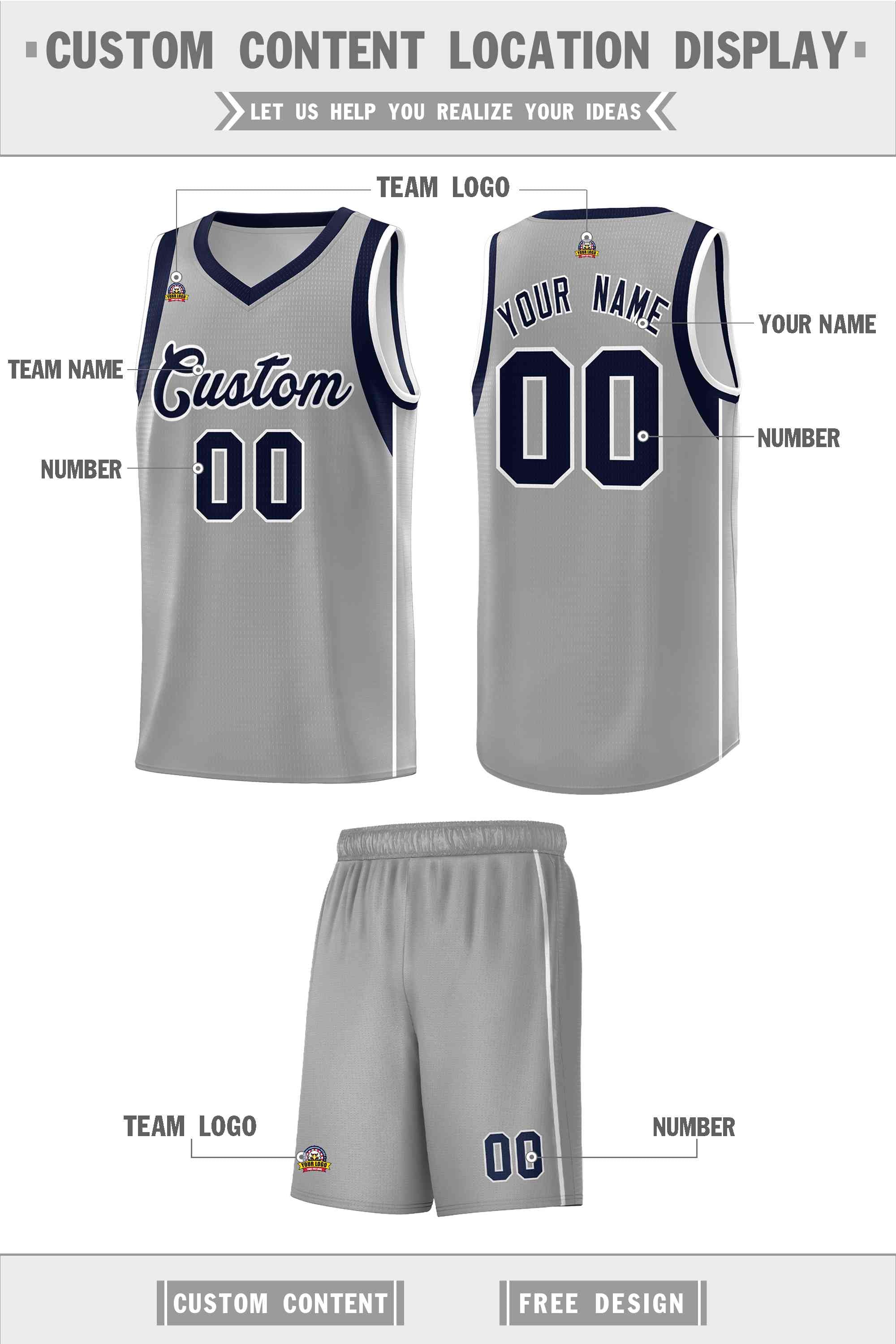 Custom Gray Navy-White Sleeve Color Blocking Classic Sets Sports Uniform Basketball Jersey