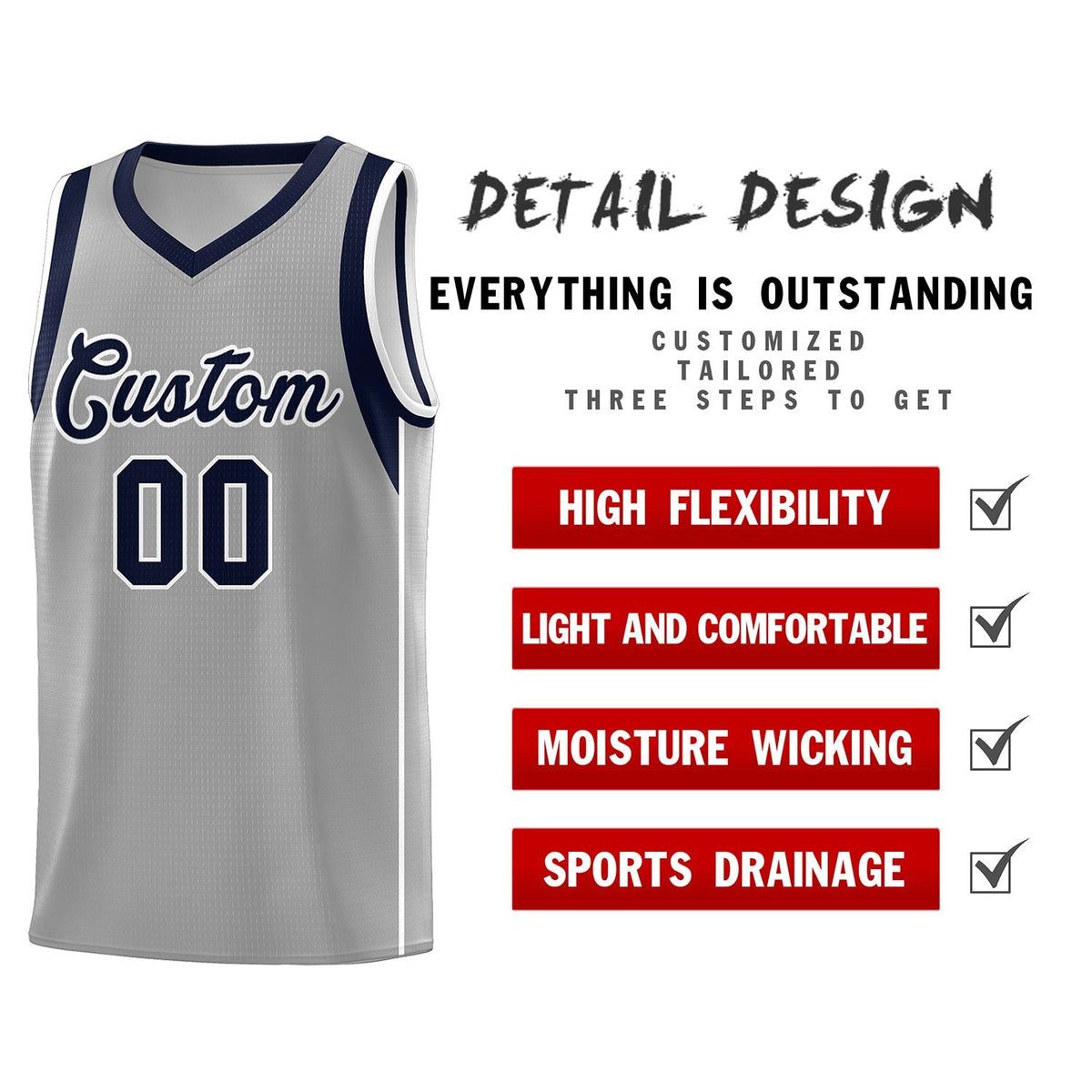 Custom Gray Navy-White Sleeve Color Blocking Classic Sets Sports Uniform Basketball Jersey