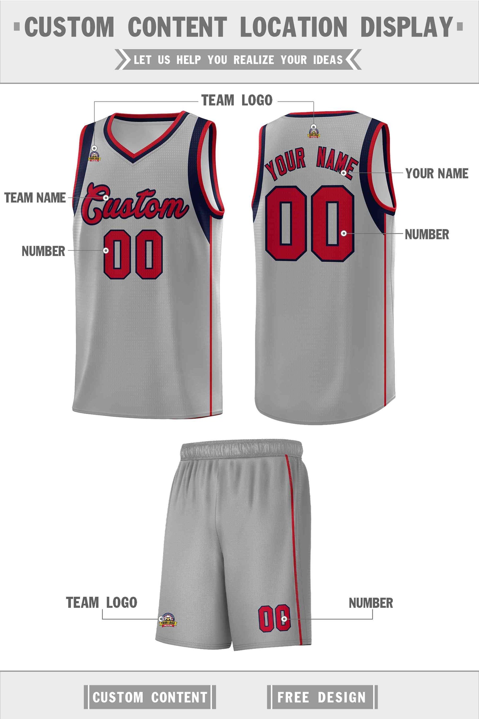 Custom Gray Navy-Red Sleeve Color Blocking Classic Sets Sports Uniform Basketball Jersey