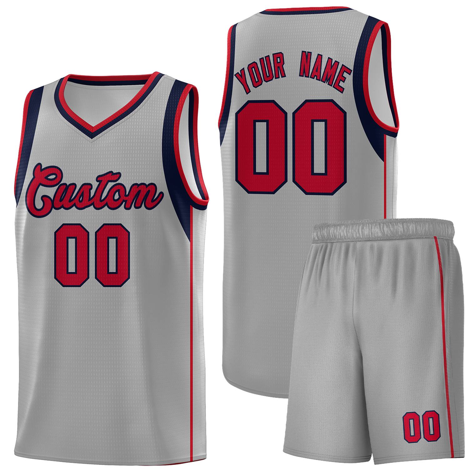 Custom Gray Navy-Red Sleeve Color Blocking Classic Sets Sports Uniform Basketball Jersey