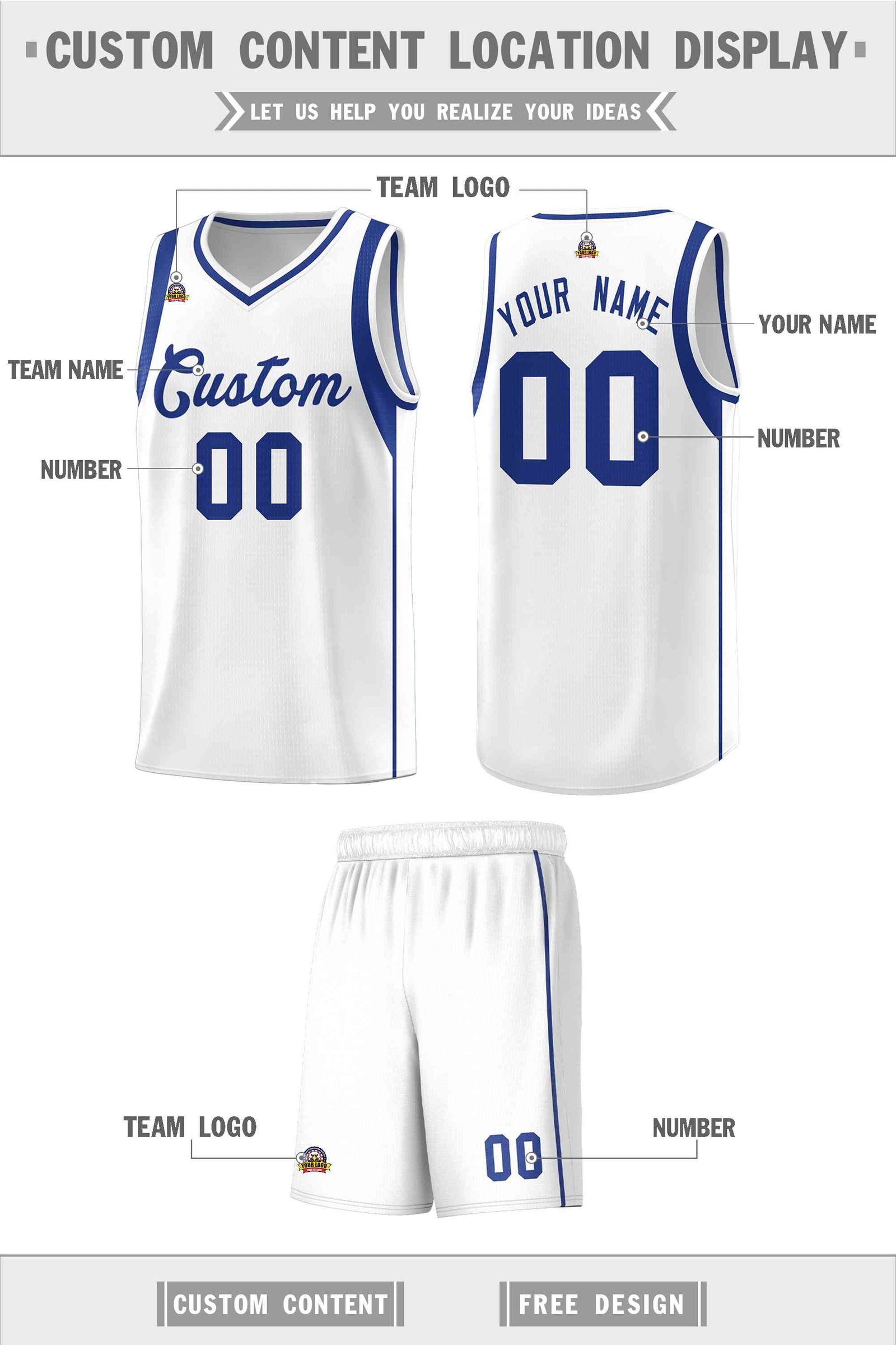 Custom White Royal Sleeve Color Blocking Classic Sets Sports Uniform Basketball Jersey