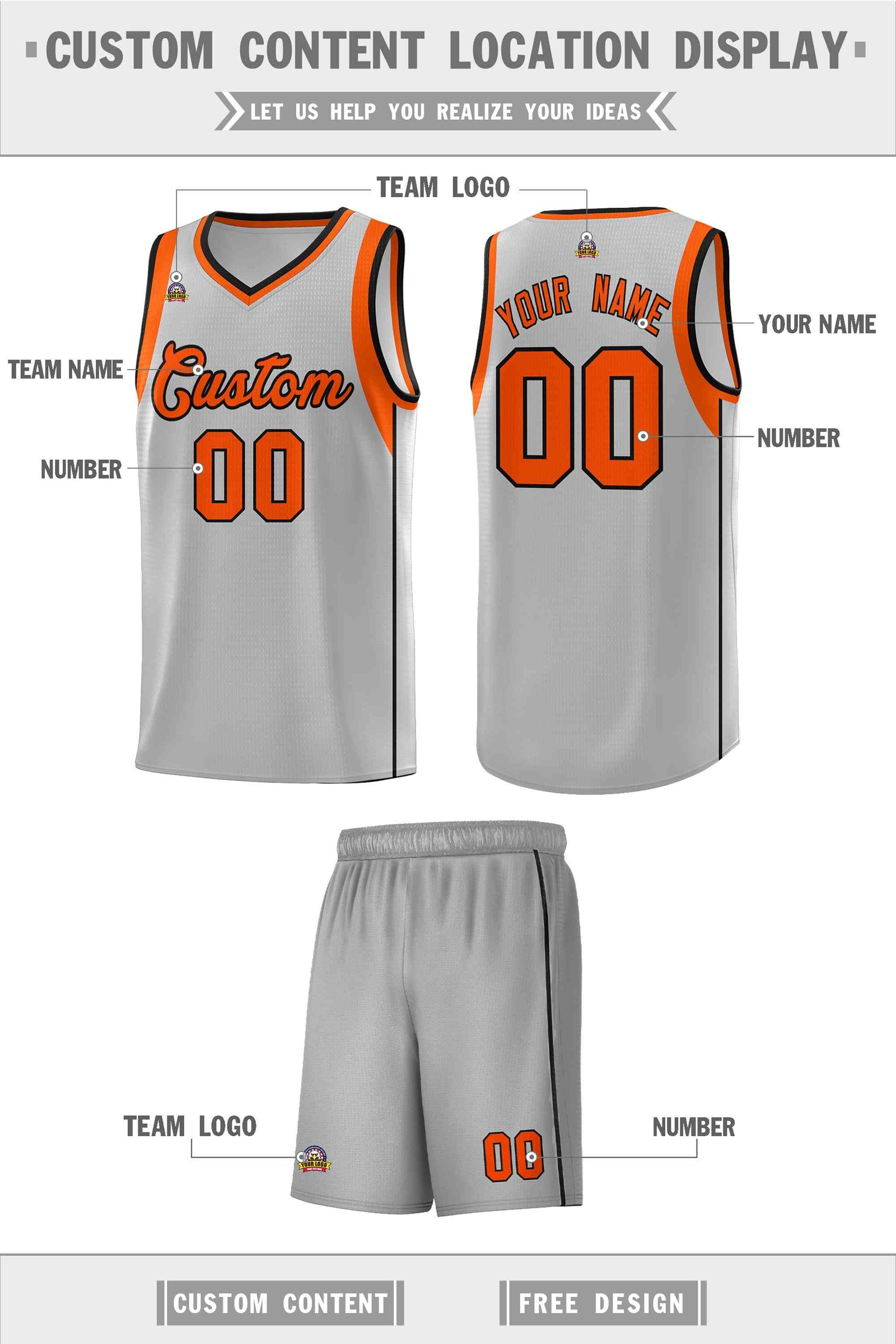 Custom Gray Orange-Black Sleeve Color Blocking Classic Sets Sports Uniform Basketball Jersey