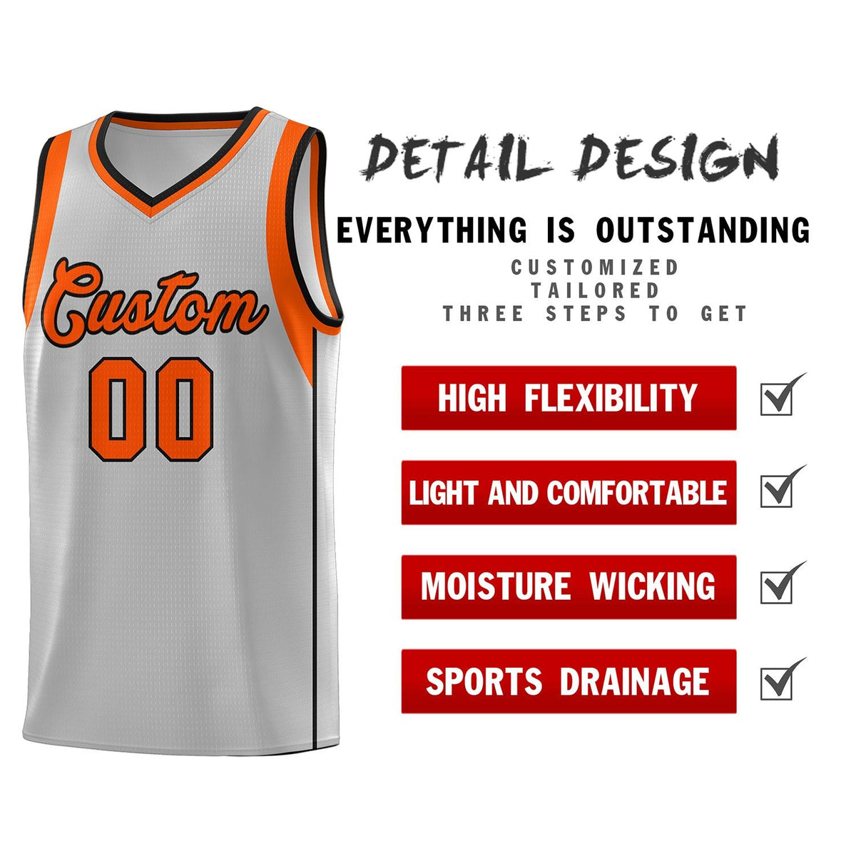 Custom Gray Orange-Black Sleeve Color Blocking Classic Sets Sports Uniform Basketball Jersey