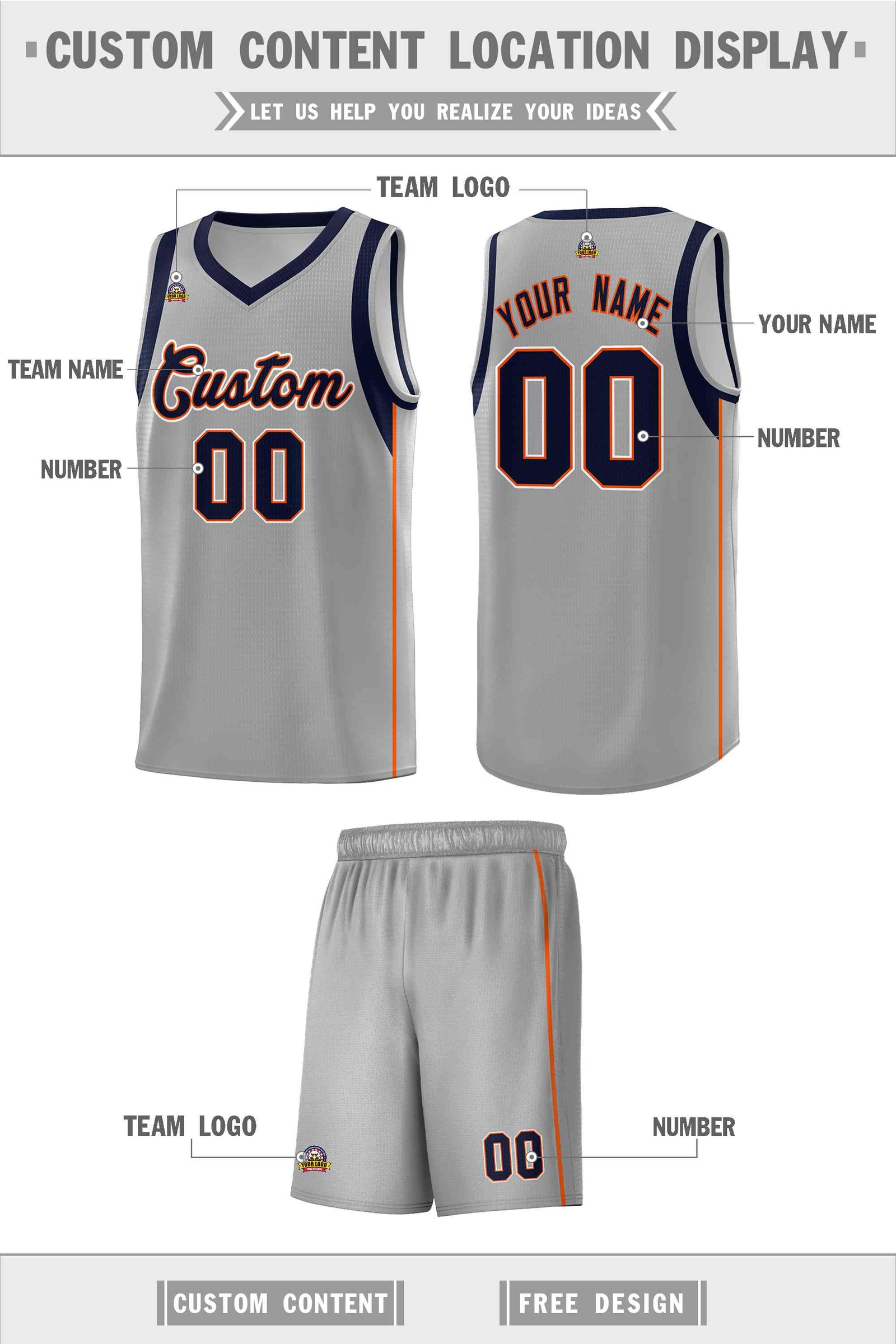 Custom Gray Navy-Orange Sleeve Color Blocking Classic Sets Sports Uniform Basketball Jersey