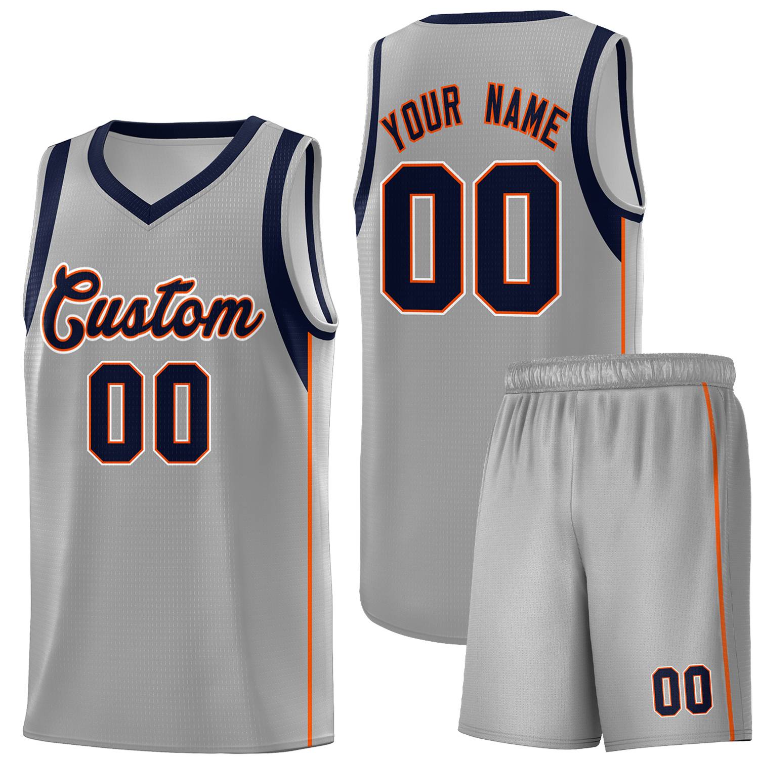 Custom Gray Navy-Orange Sleeve Color Blocking Classic Sets Sports Uniform Basketball Jersey