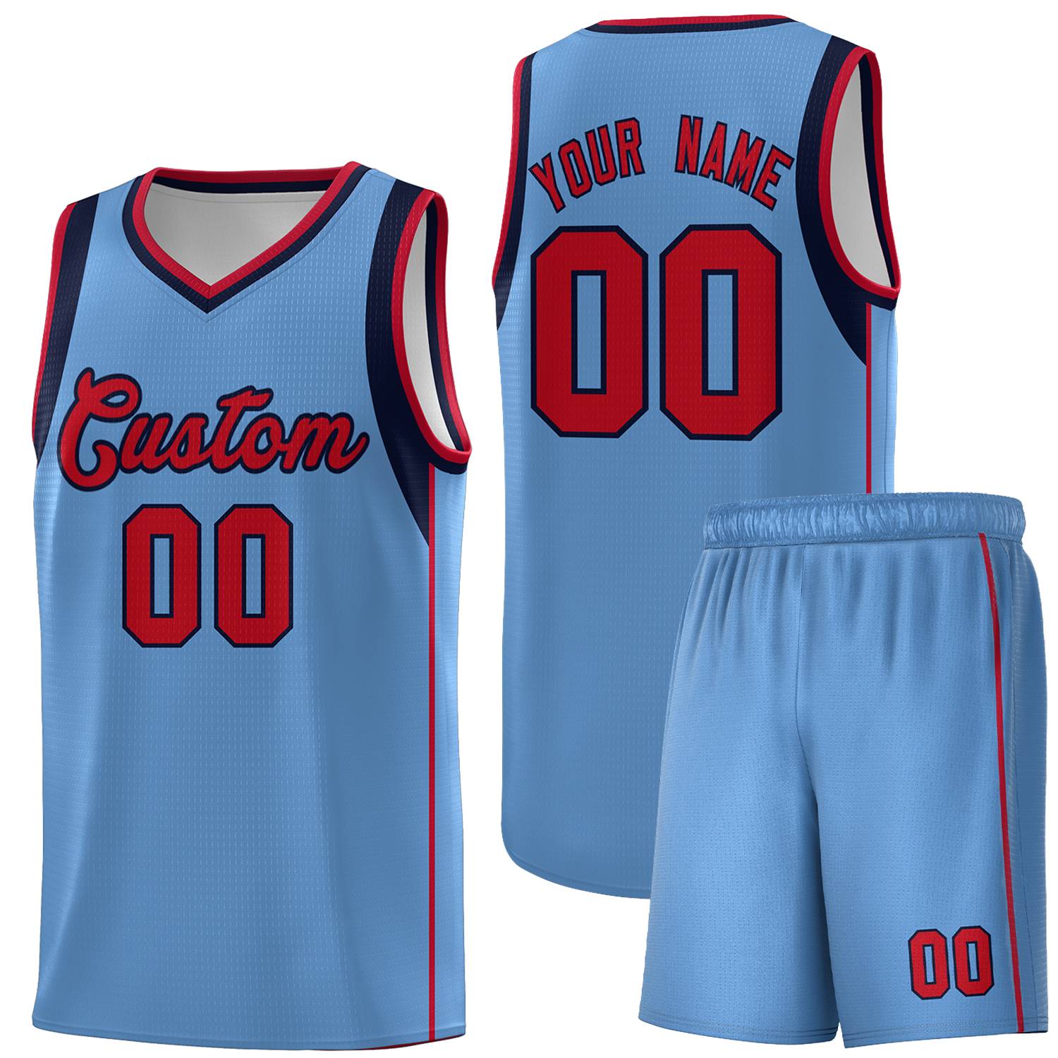 Custom Light Blue Navy-Red Sleeve Color Blocking Classic Sets Sports Uniform Basketball Jersey