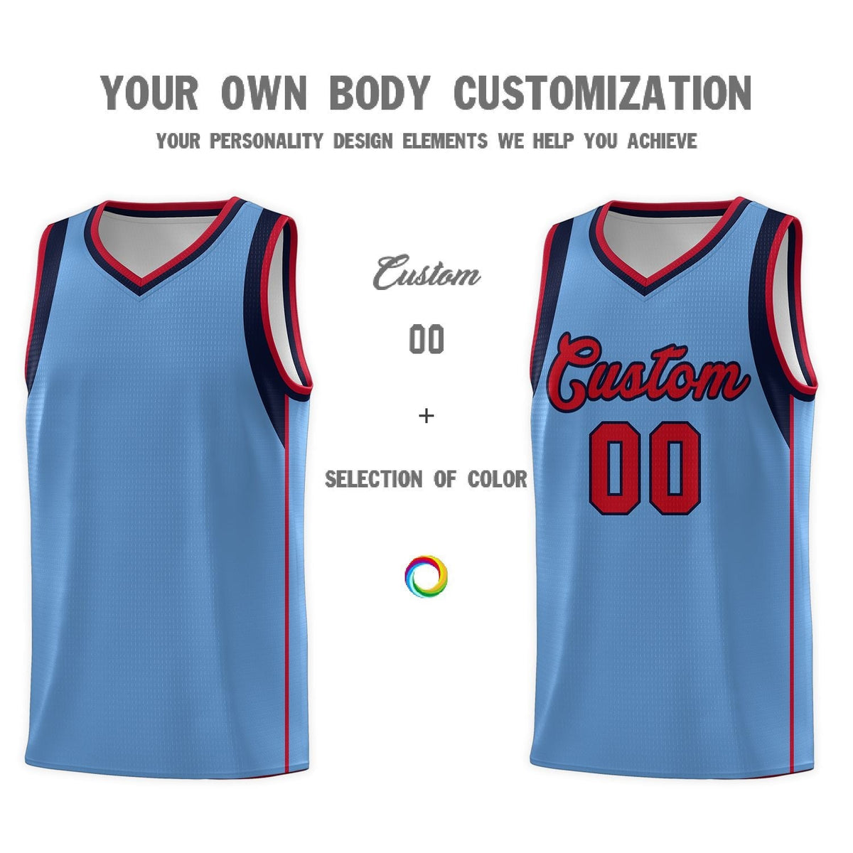 Custom Light Blue Navy-Red Sleeve Color Blocking Classic Sets Sports Uniform Basketball Jersey