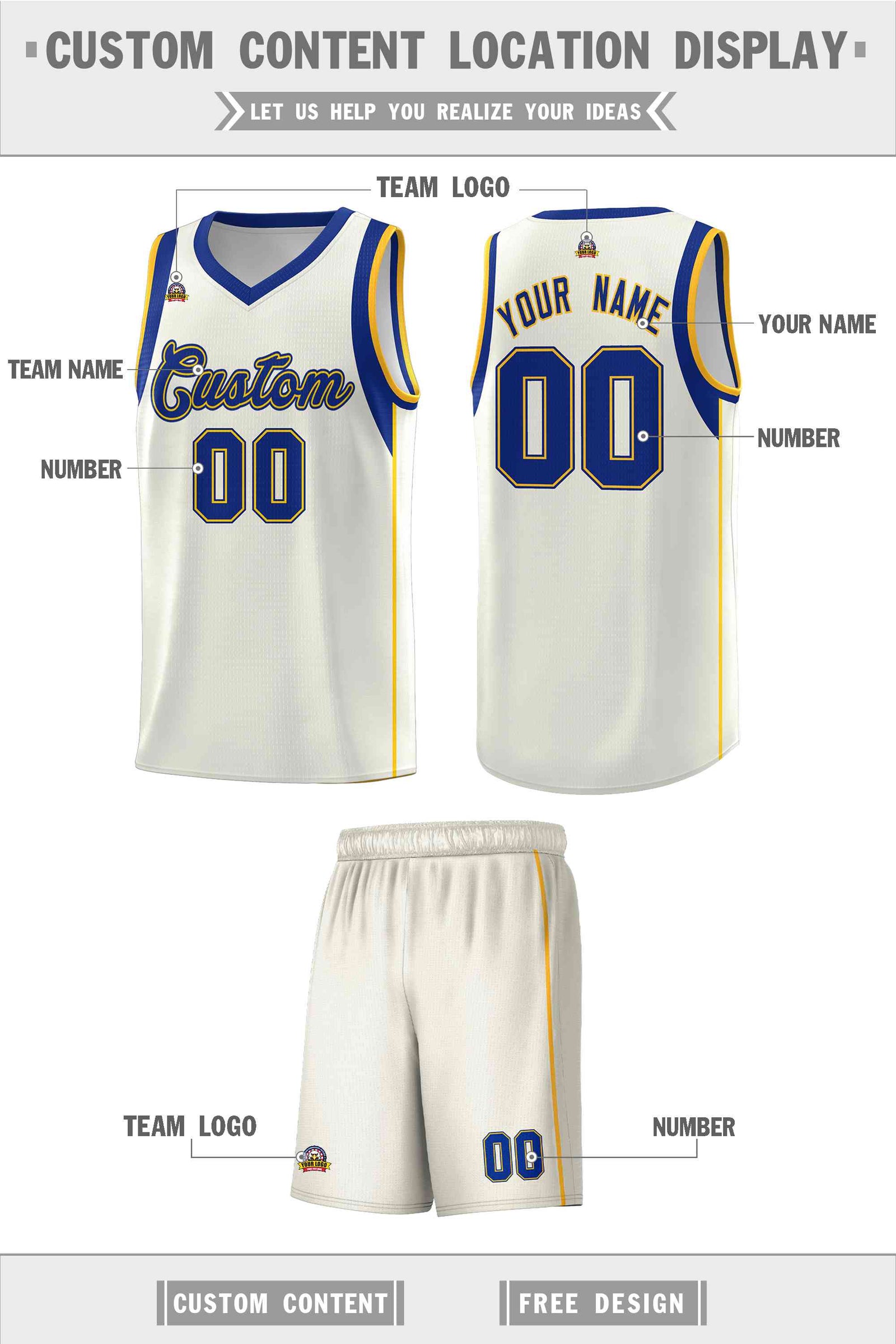 Custom Cream Royal-Gold Sleeve Color Blocking Classic Sets Sports Uniform Basketball Jersey