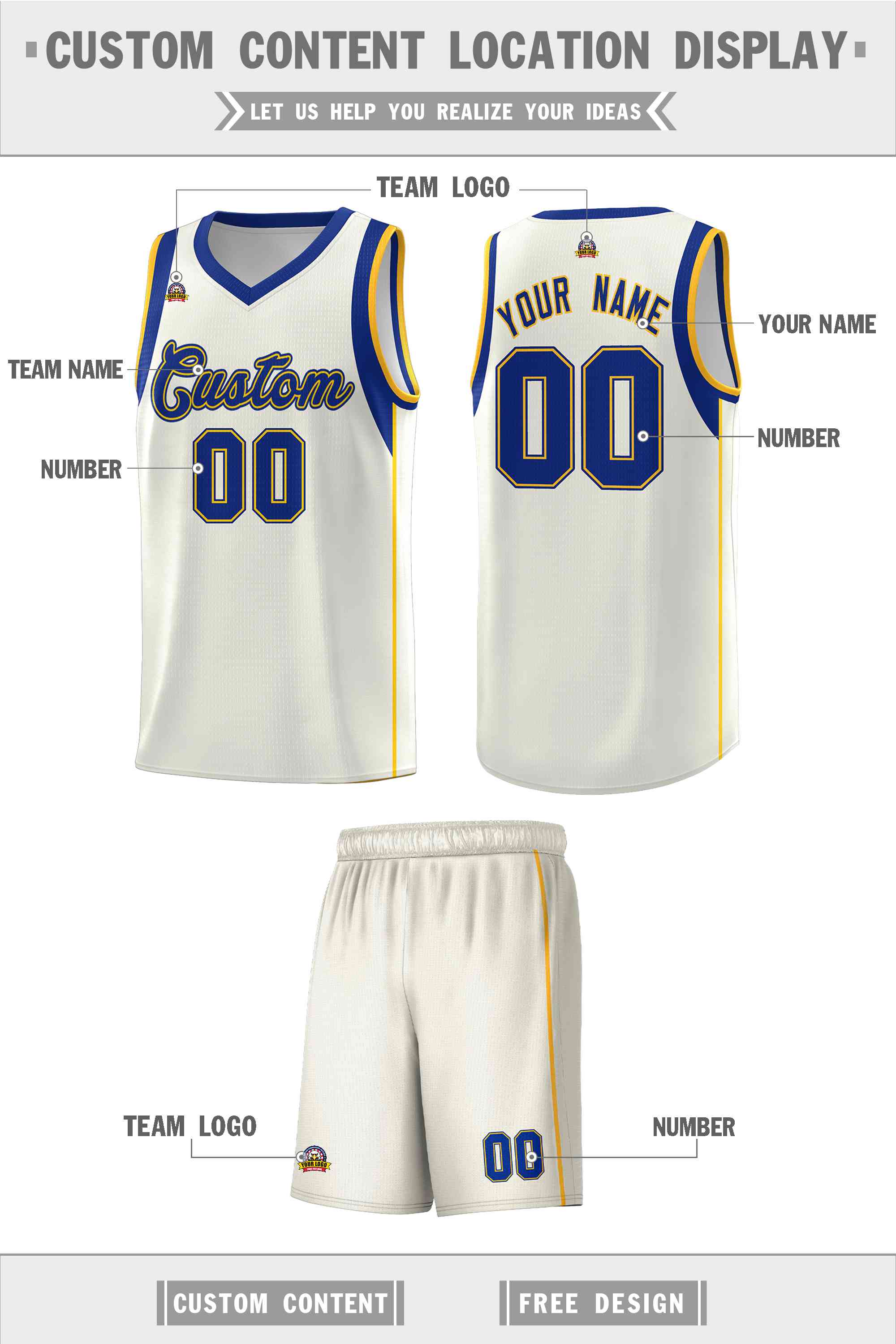 Custom Cream Royal-Gold Sleeve Color Blocking Classic Sets Sports Uniform Basketball Jersey