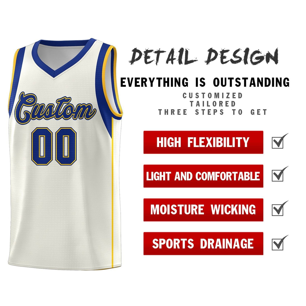 Custom Cream Royal-Gold Sleeve Color Blocking Classic Sets Sports Uniform Basketball Jersey