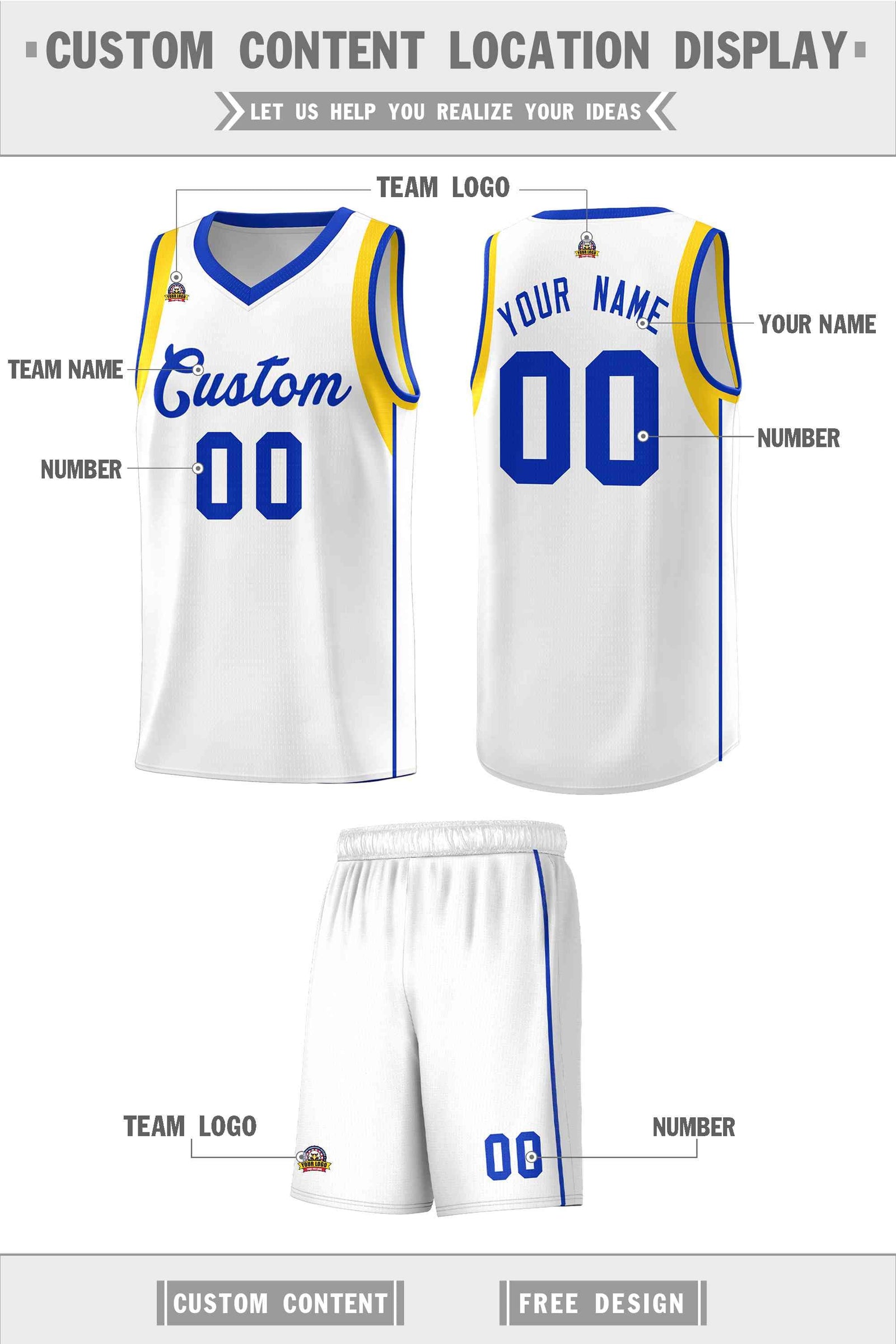 Custom White Royal-Gold Sleeve Color Blocking Classic Sets Sports Uniform Basketball Jersey