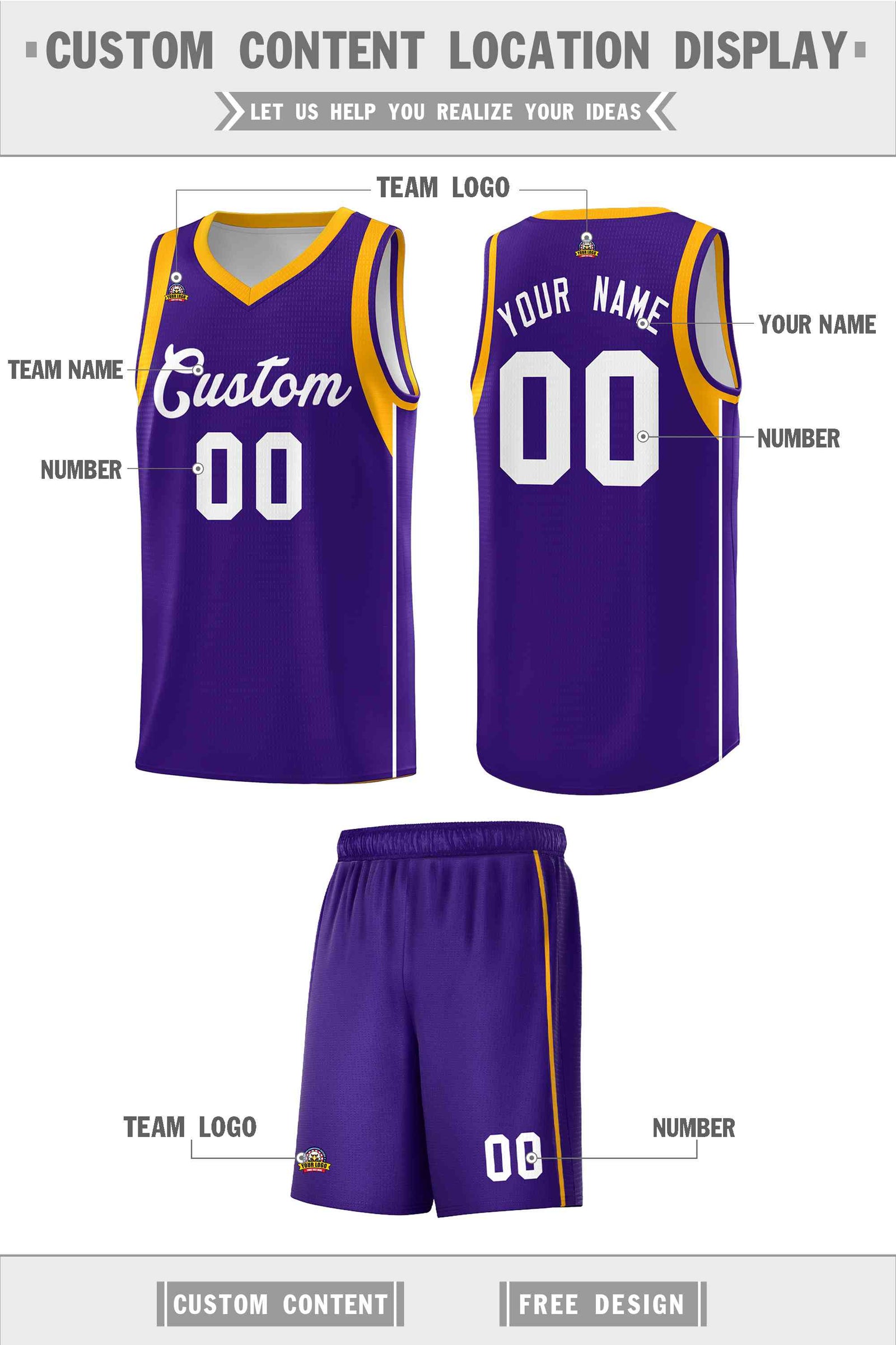 Custom Purple White-Gold Sleeve Color Blocking Classic Sets Sports Uniform Basketball Jersey