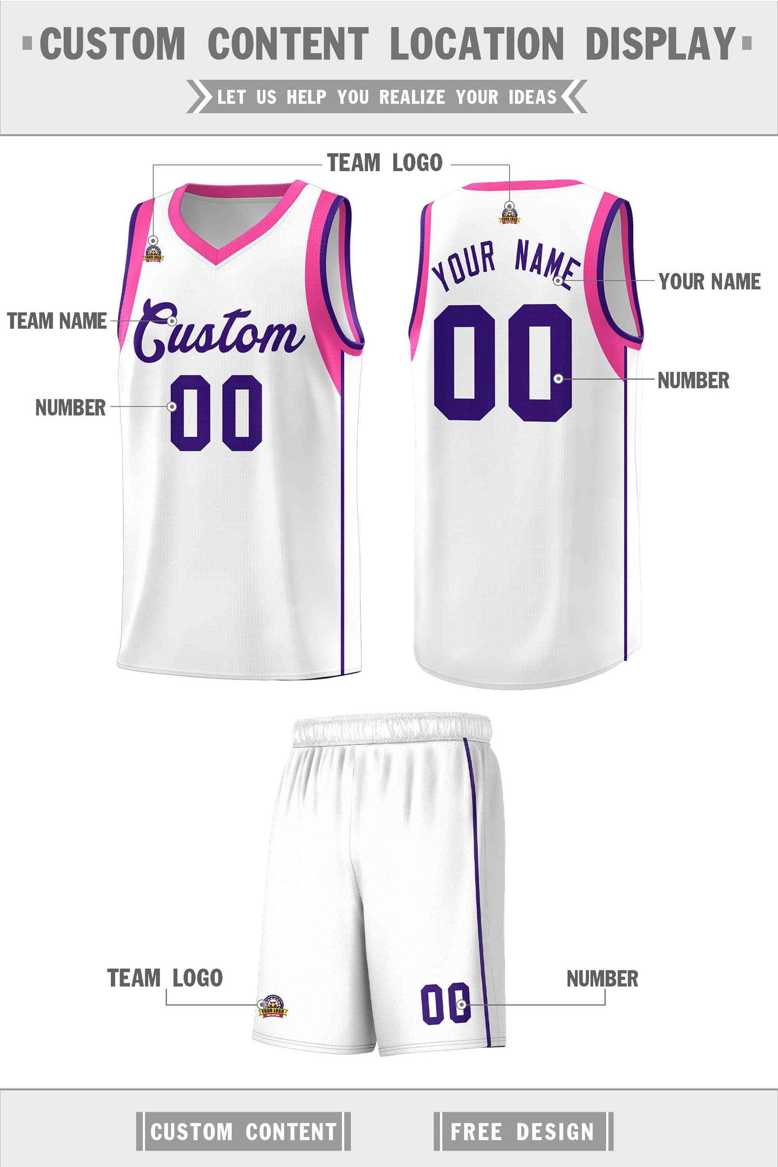 Custom White Purple Sleeve Color Blocking Classic Sets Sports Uniform Basketball Jersey