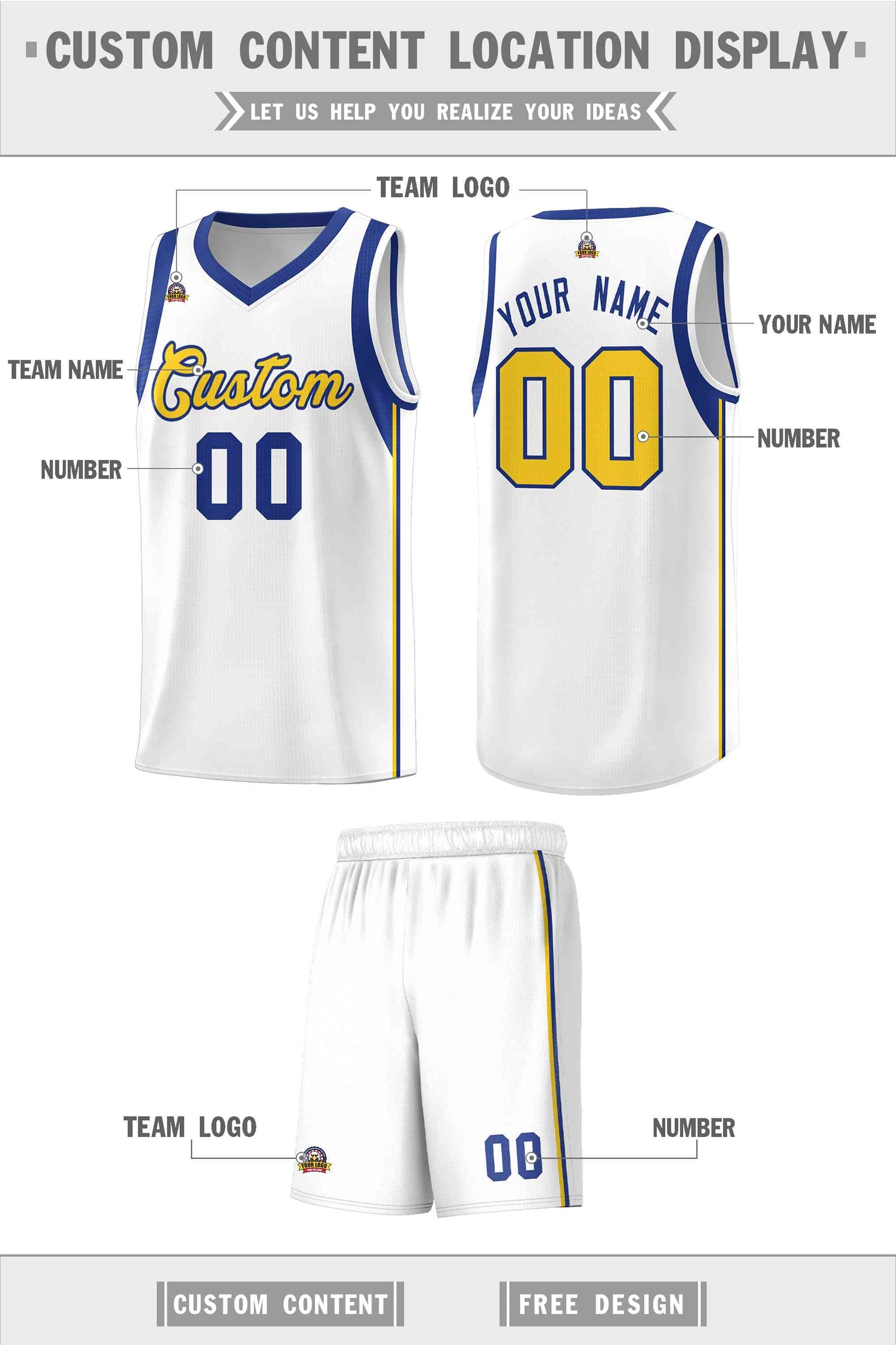 Custom White Royal-Gold Sleeve Color Blocking Classic Sets Sports Uniform Basketball Jersey