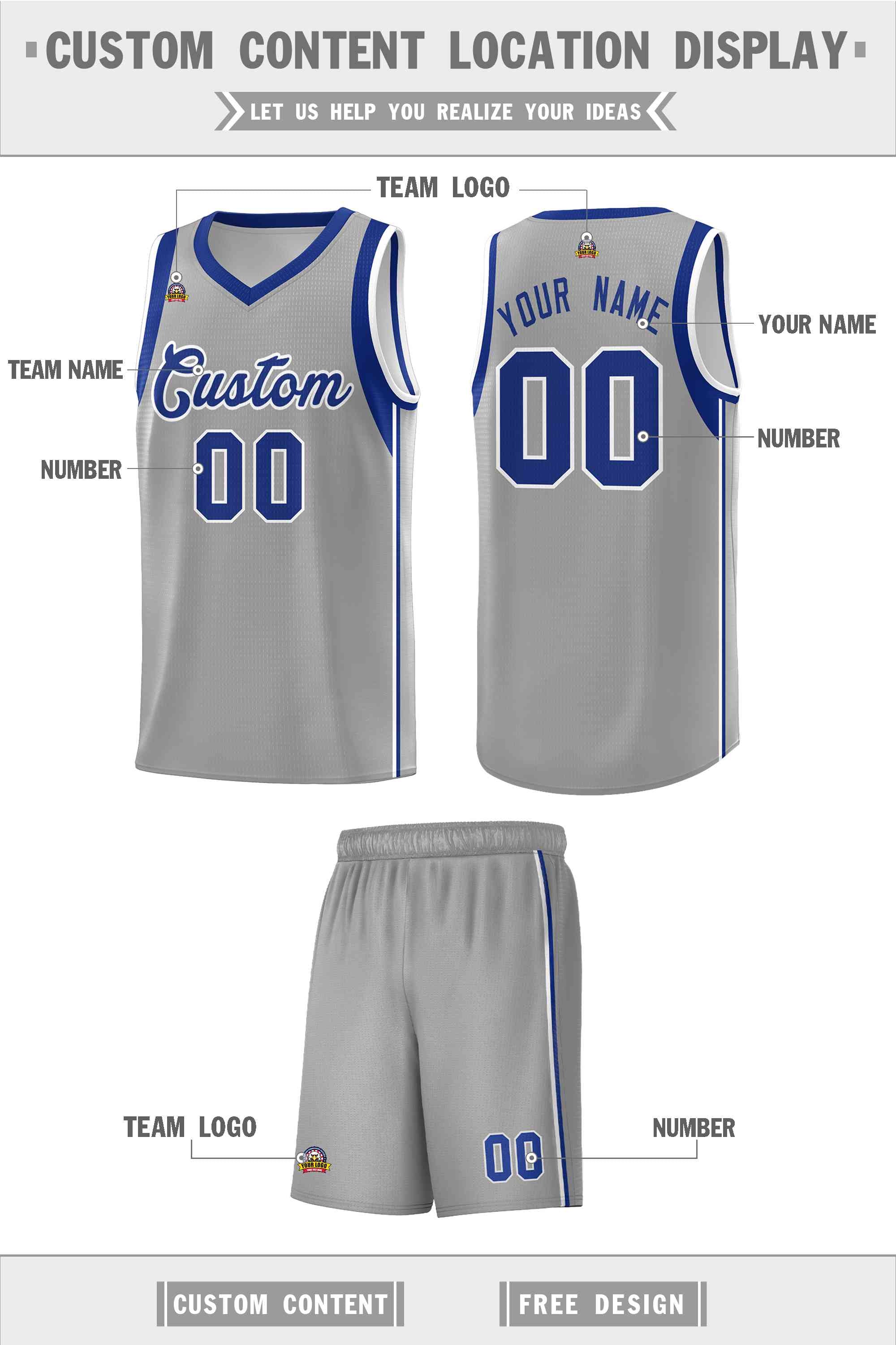 Custom Gray Royal-White Sleeve Color Blocking Classic Sets Sports Uniform Basketball Jersey