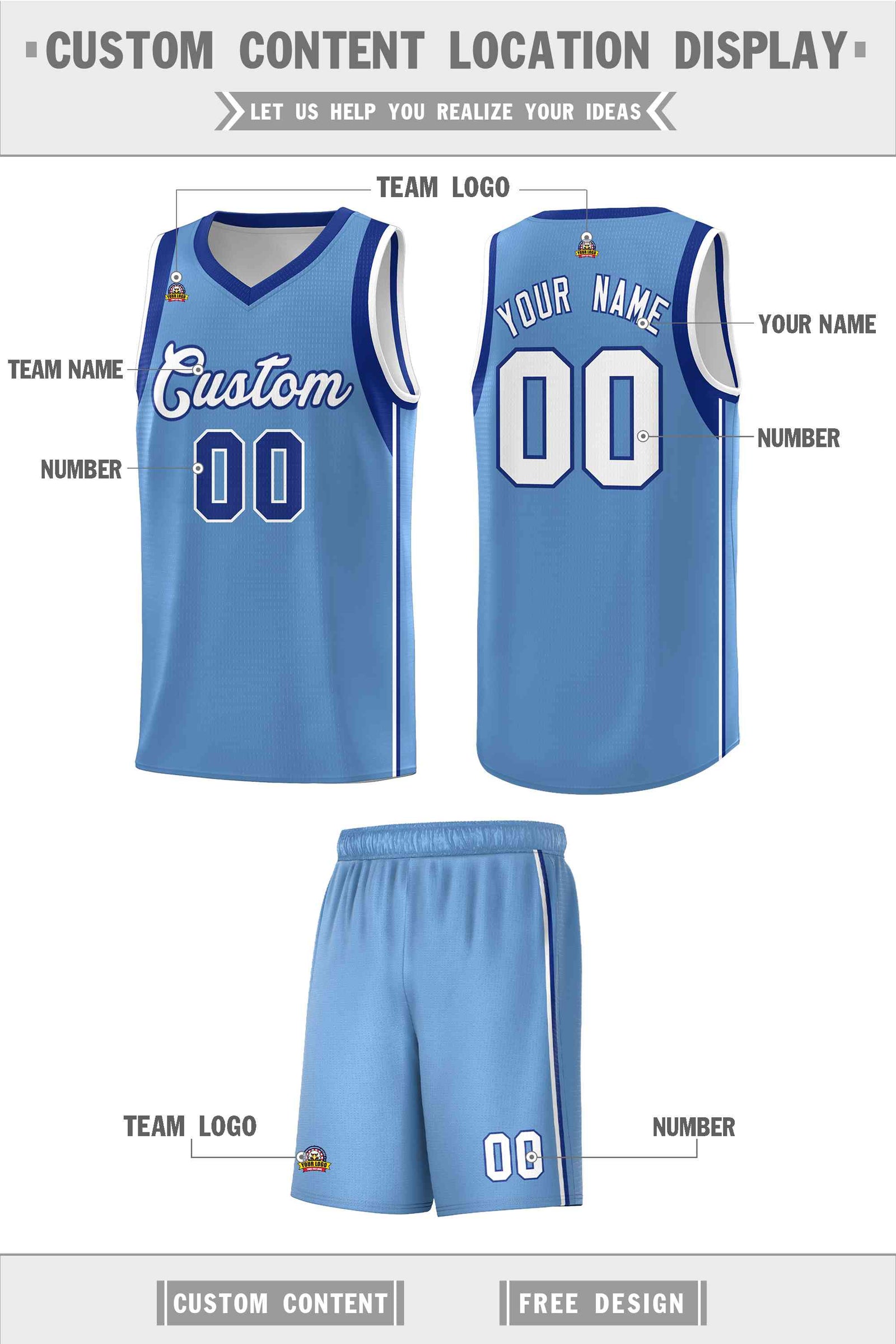 Custom Powder Blue Royal-White Sleeve Color Blocking Classic Sets Sports Uniform Basketball Jersey