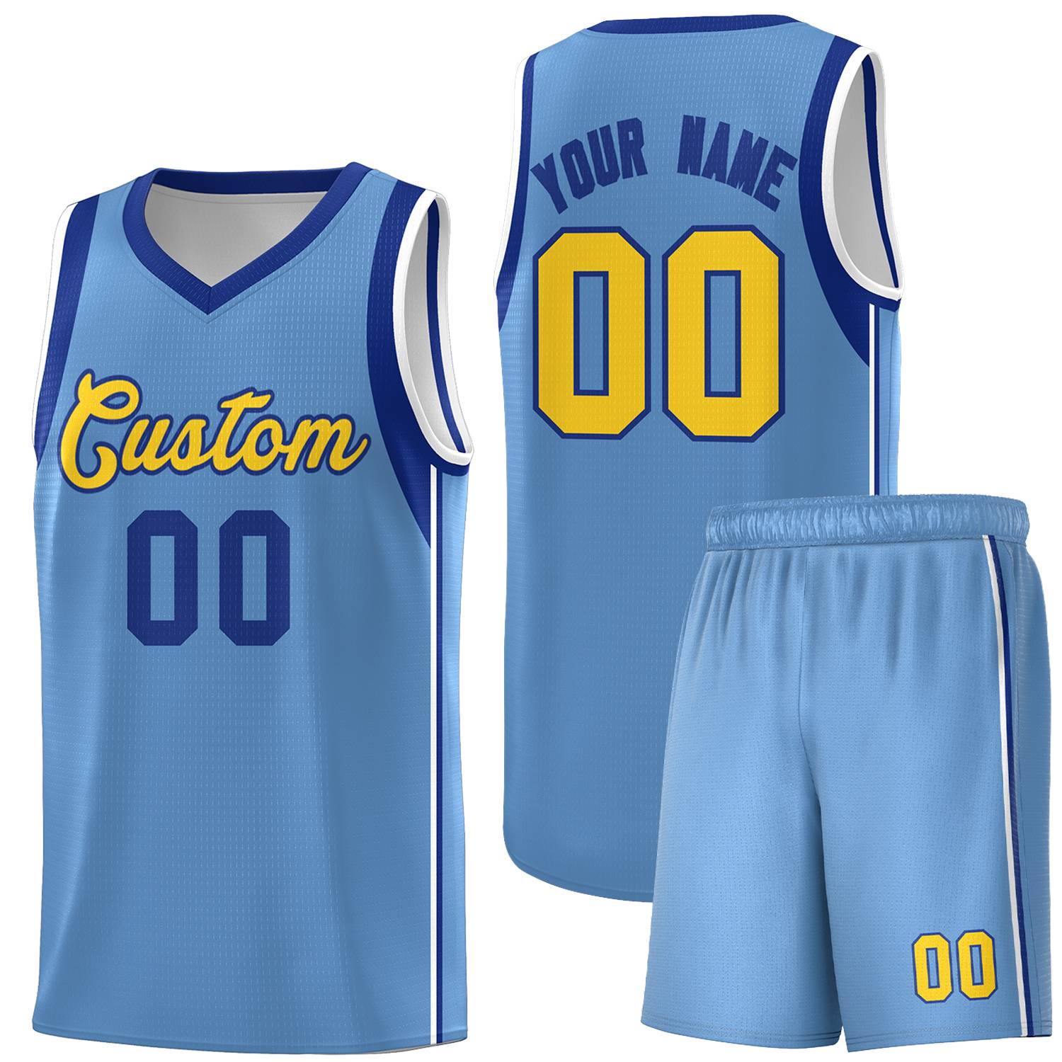 Custom Powder Blue Royal-Gold Sleeve Color Blocking Classic Sets Sports Uniform Basketball Jersey