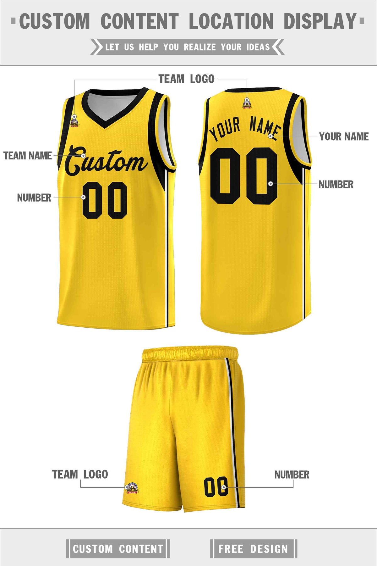 Custom Gold Black Sleeve Color Blocking Classic Sets Sports Uniform Basketball Jersey