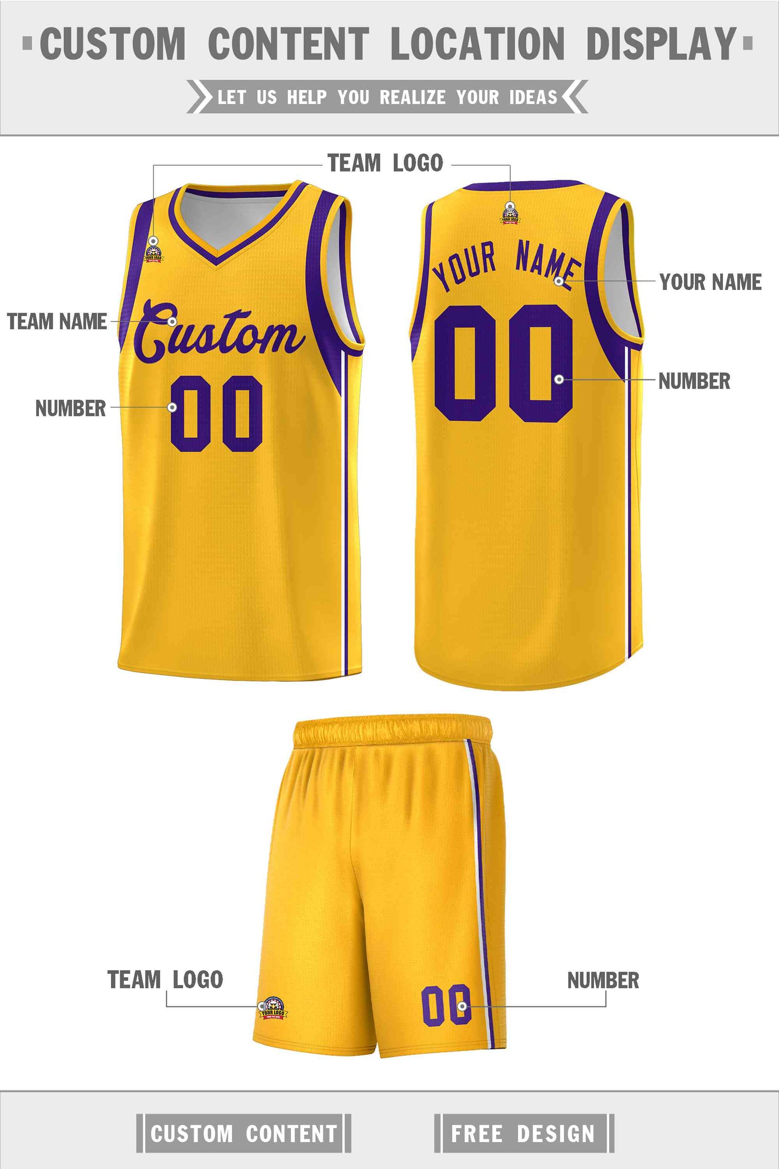 Custom Gold Purple Sleeve Color Blocking Classic Sets Sports Uniform Basketball Jersey