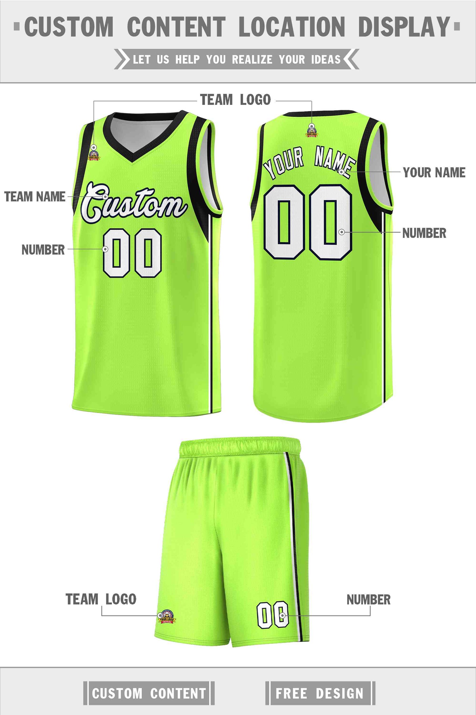Custom Neon Green White-Black Sleeve Color Blocking Classic Sets Sports Uniform Basketball Jersey
