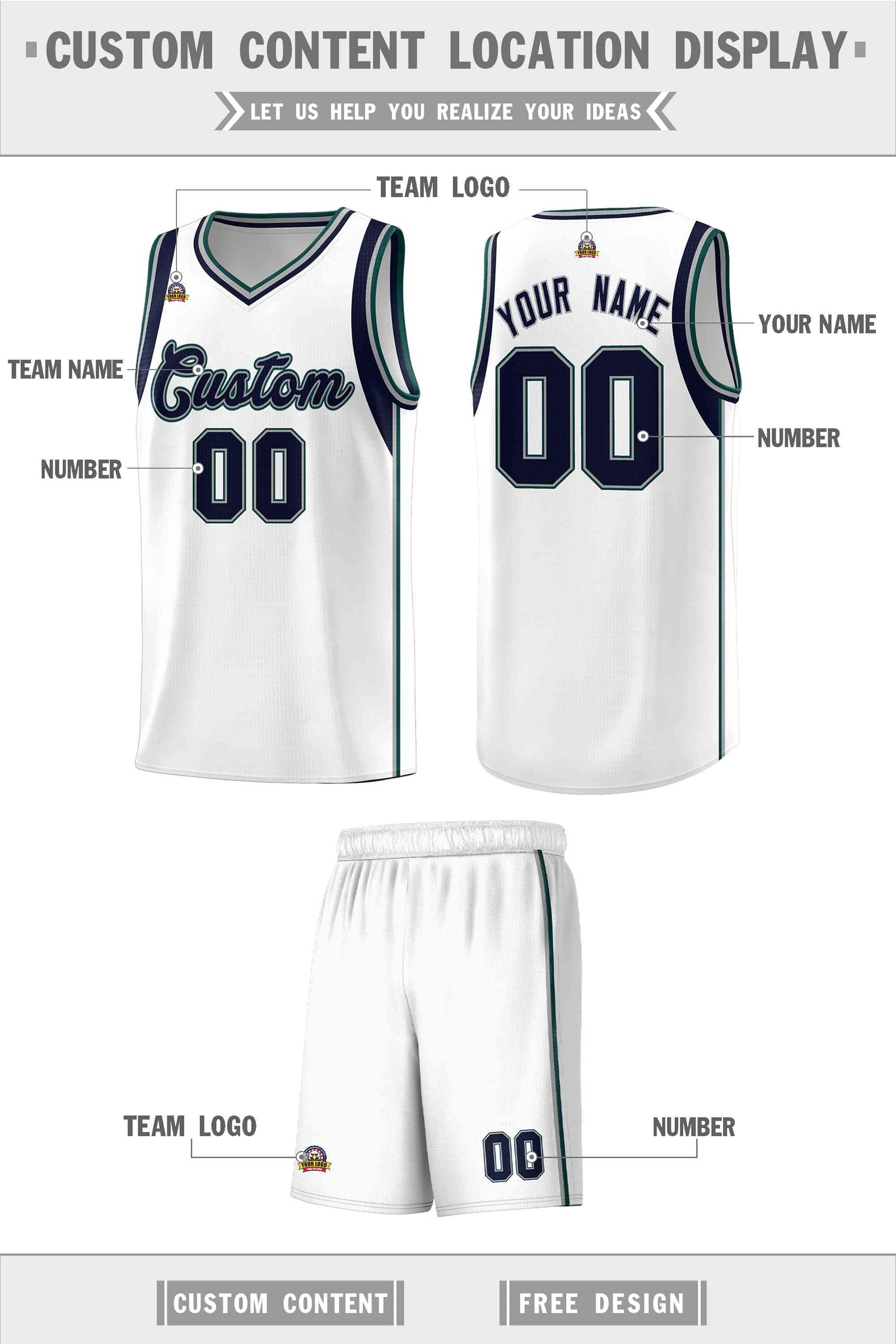 Custom White Navy-Gray Sleeve Color Blocking Classic Sets Sports Uniform Basketball Jersey