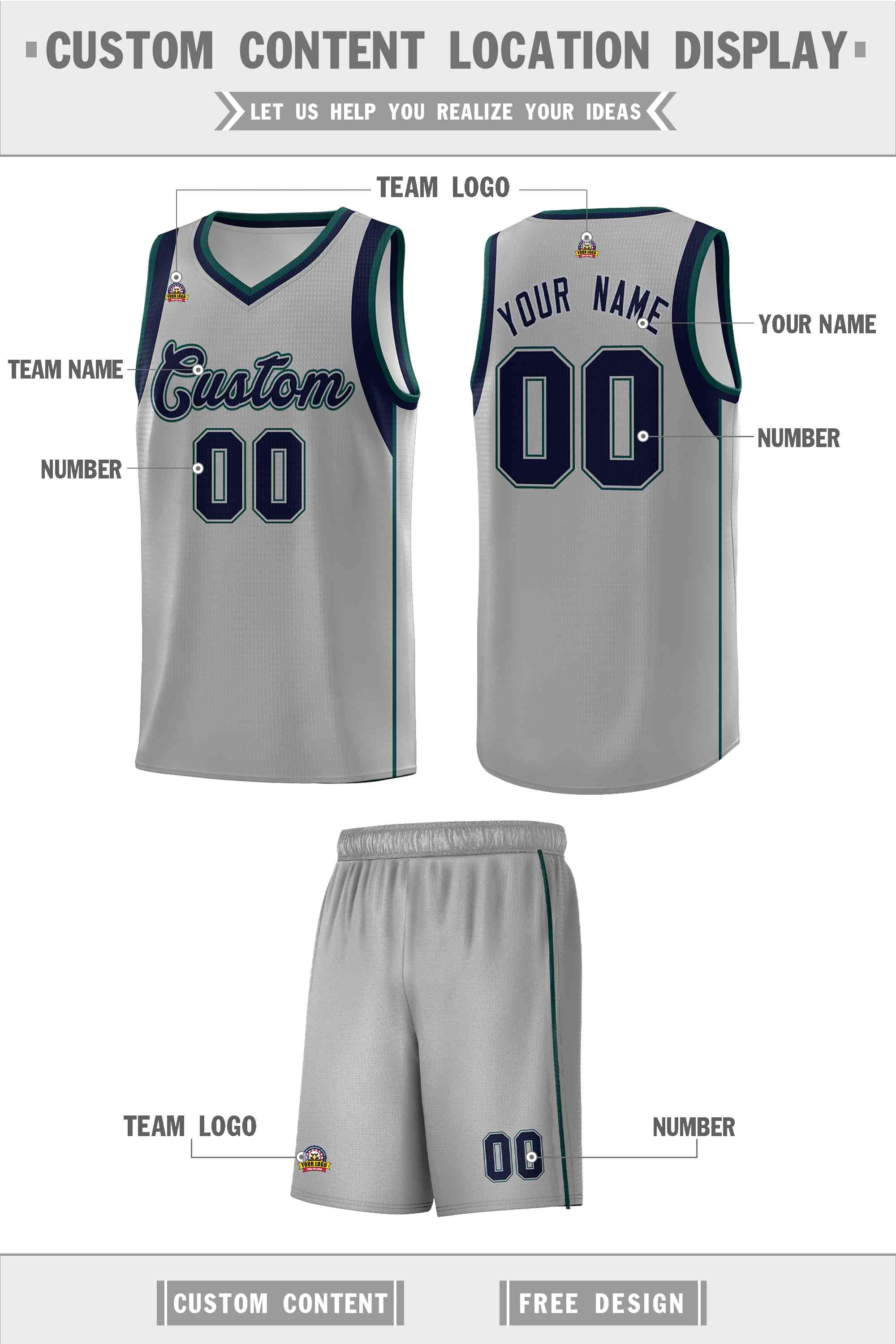 Custom Gray Navy-Green Sleeve Color Blocking Classic Sets Sports Uniform Basketball Jersey