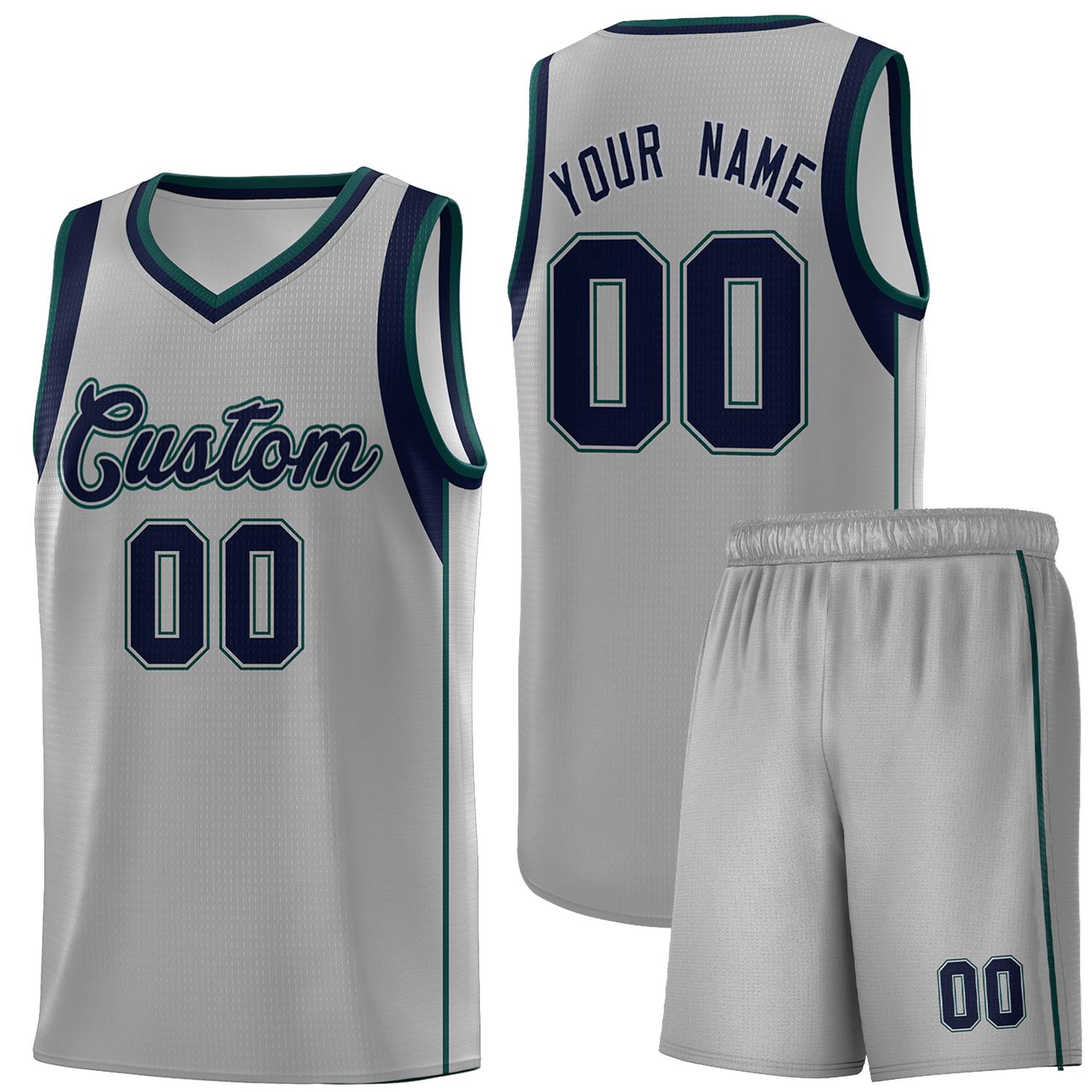 Custom Gray Navy-Green Sleeve Color Blocking Classic Sets Sports Uniform Basketball Jersey