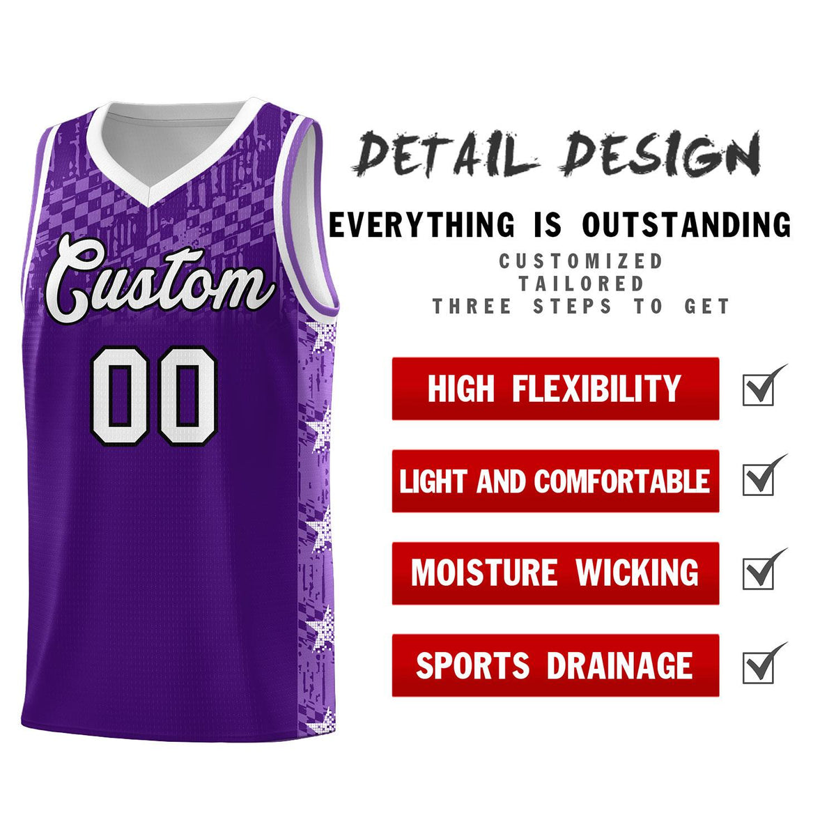 Custom Purple Mosaic Stars Pattern Sports Uniform Basketball Jersey