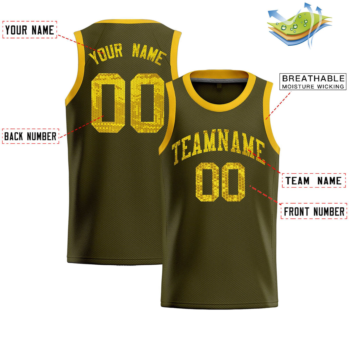 Custom Olive Sequined Tops Athletic Basketball Jersey