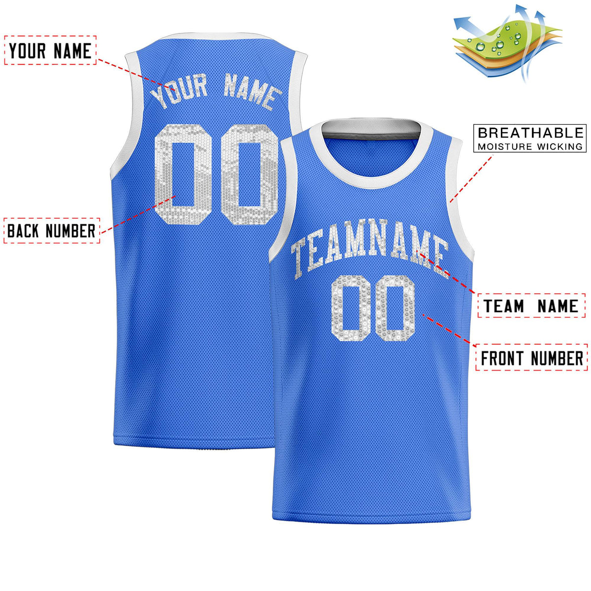 Custom Powder Blue Sequined Tops Athletic Basketball Jersey