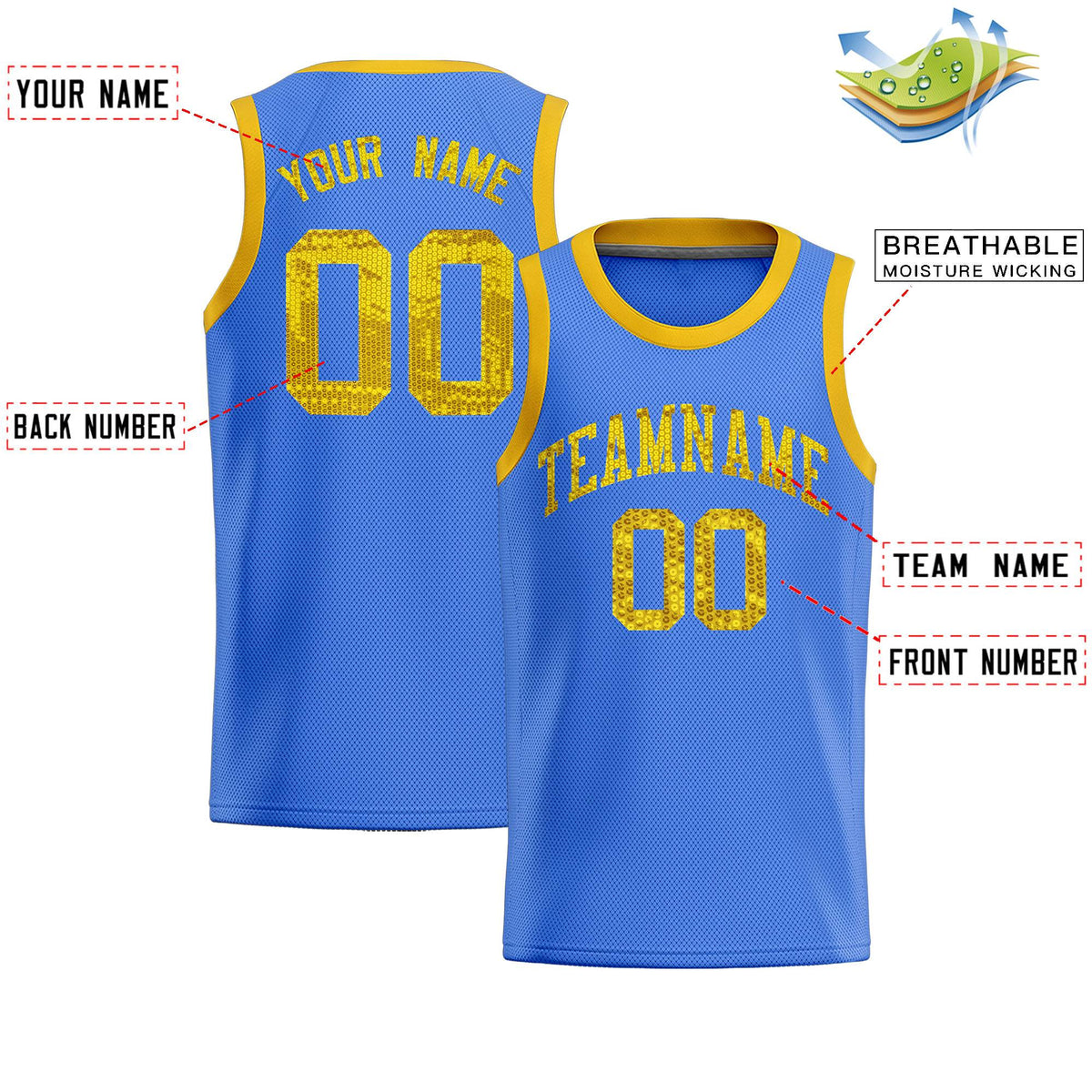 Custom Powder Blue Sequined Tops Athletic Basketball Jersey