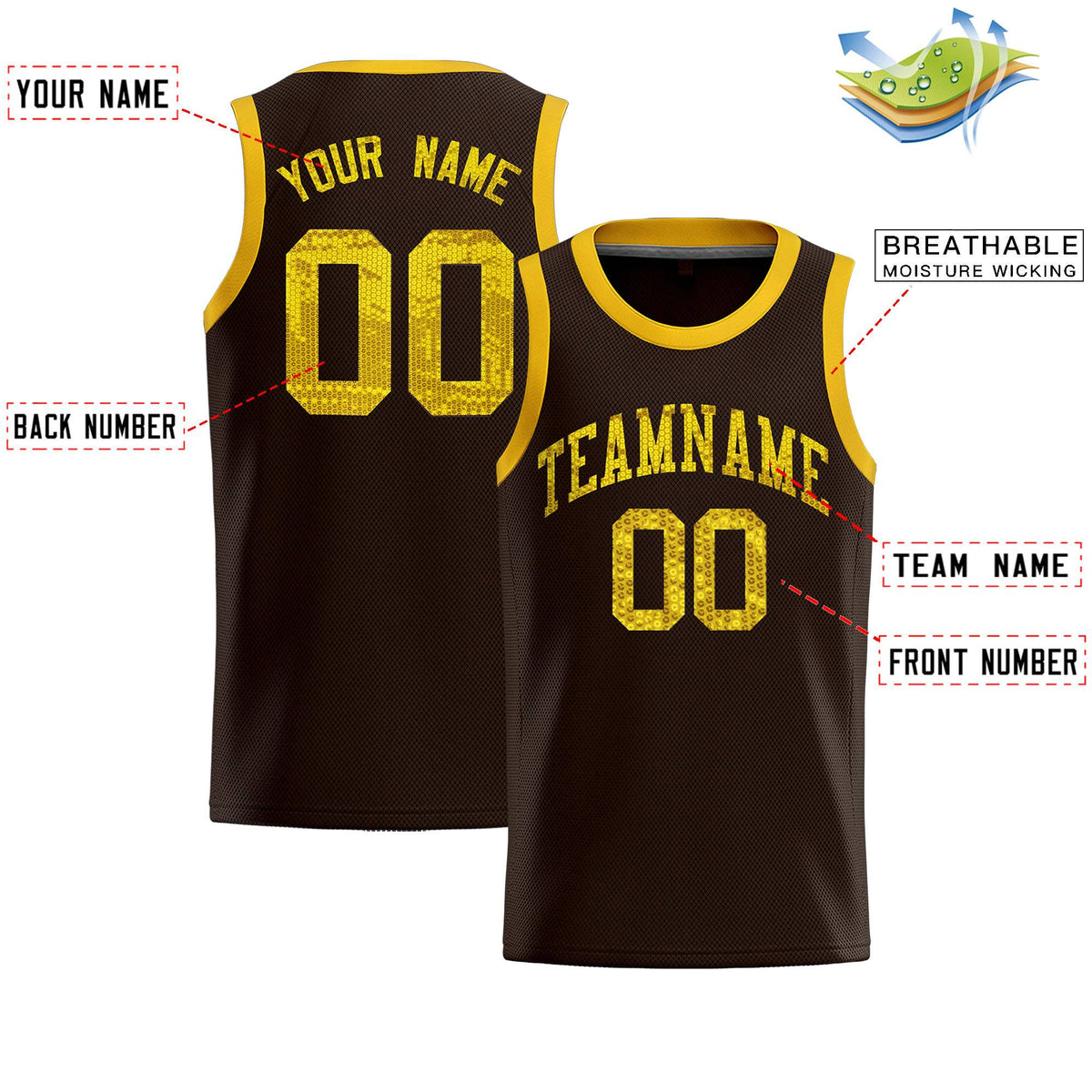 Custom Brown Sequined Tops Athletic Basketball Jersey