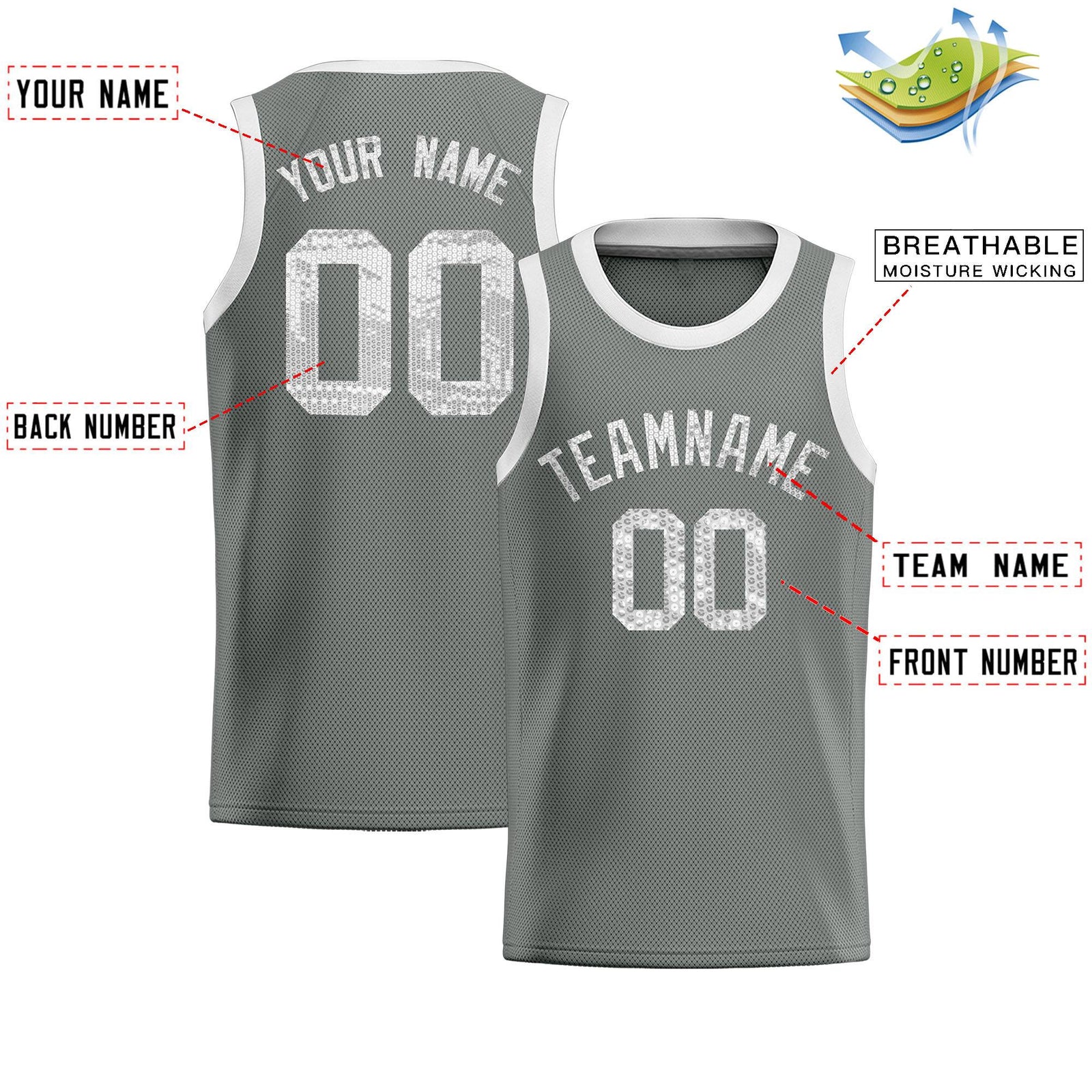 Custom Gray Sequined Tops Athletic Basketball Jersey