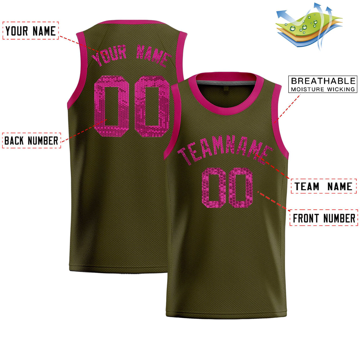 Custom Olive Sequined Tops Athletic Basketball Jersey